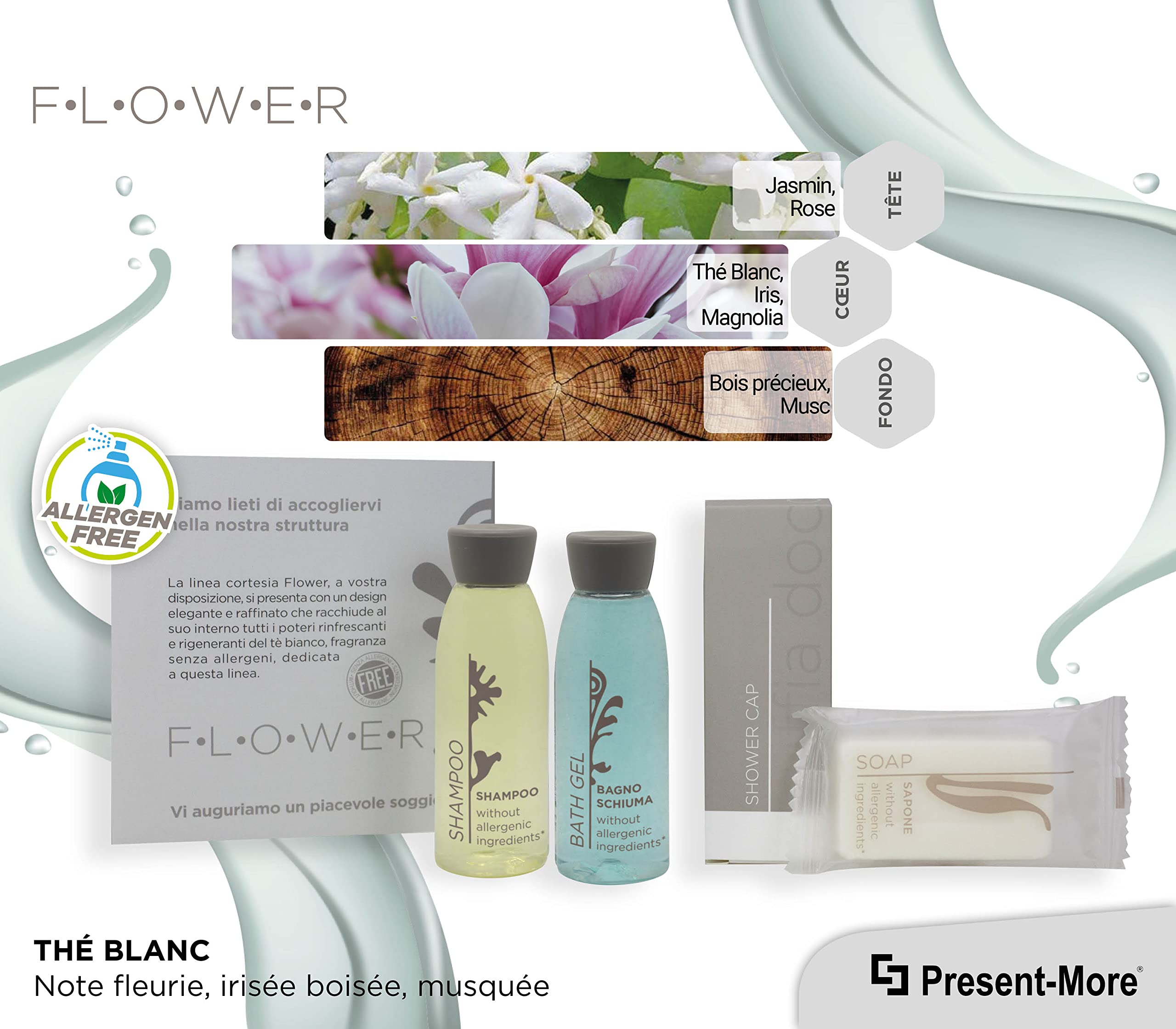 PRESENT-MORE - Kit Accueil 20 Invités Flower - Parfum Thé Vert - Contenu: Shampooing, Gel Douche, Savon et Bonnet de Douche - Pour Hôtels et B&B
