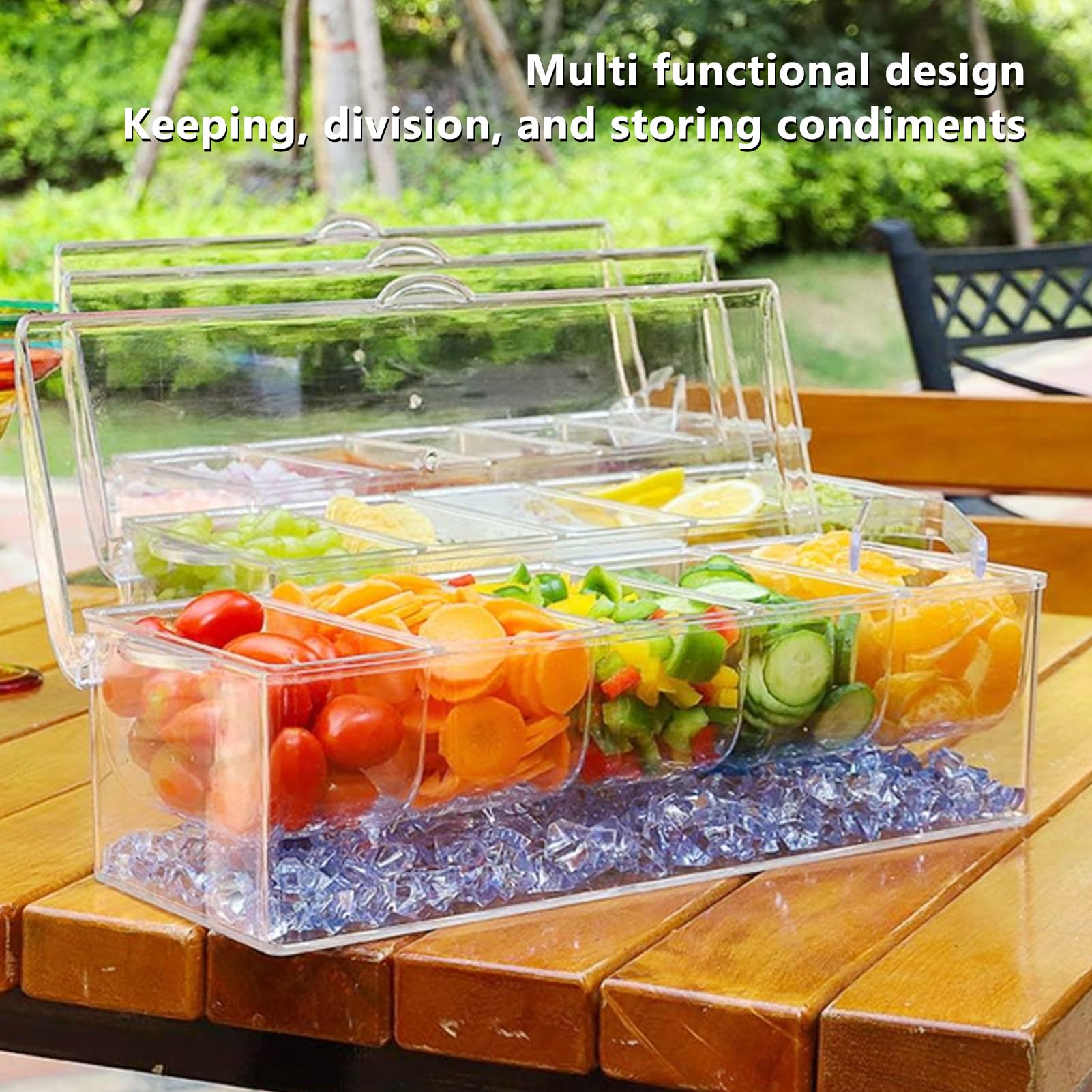 Servitore per Condimenti Refrigerato nel Ghiaccio, Scatola per Frutta e Verdura in Plastica Trasparente, Vassoio per Alimenti Freddi con Coperchio, Pentole per Condimenti per(5 griglie)
