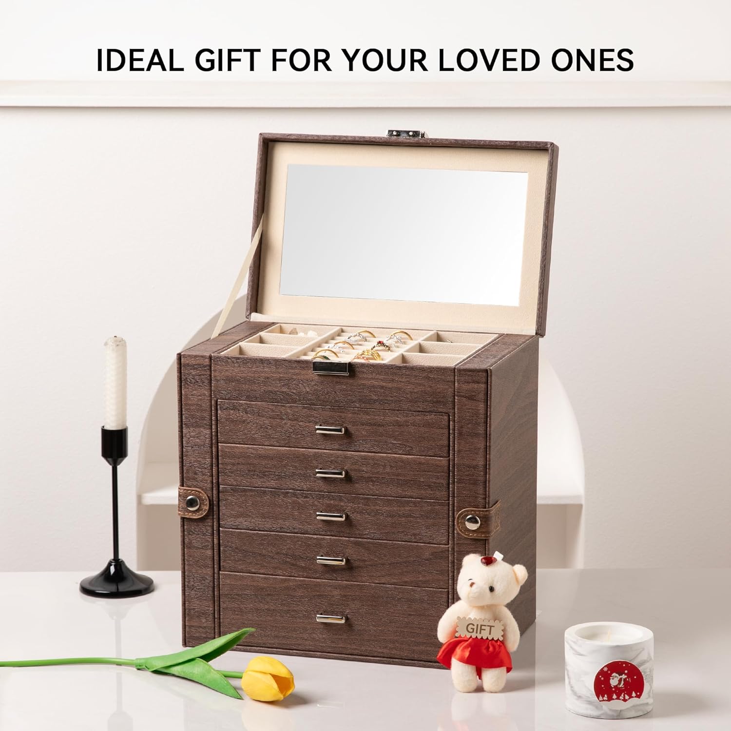 Frebeauty Large Jewelry Box,6-Tier PU Leather Jewelry Organizer,Multi-functional Storage Case with Mirror,Accessories Holder with 5 Drawers for Necklace Bracelets Watches(Tree Brown) - Image 7