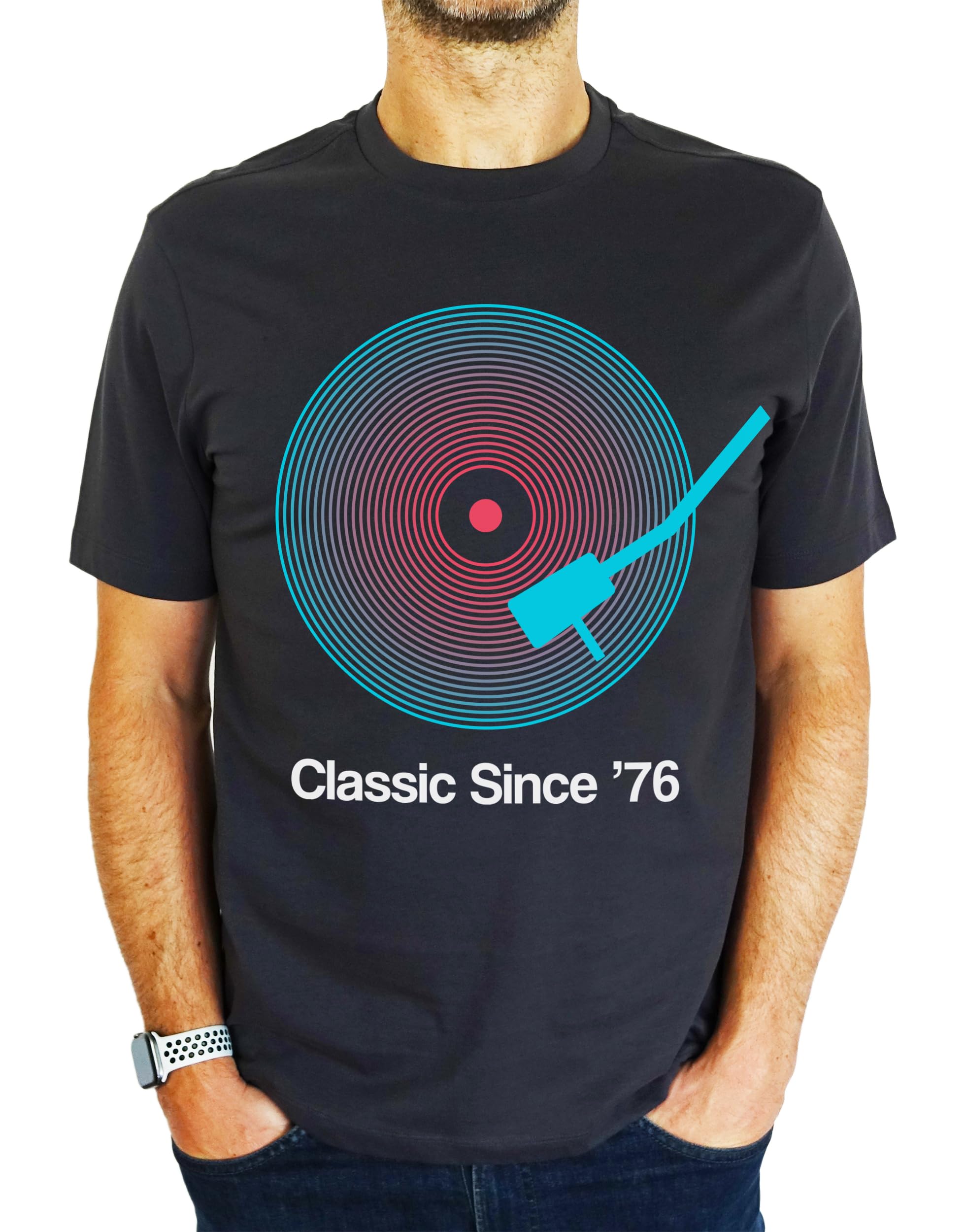 1976 Vinyl Record Neon - Classic Since - 50th Birthday Gift | Present Mens T-Shirt Charcoal Grey L