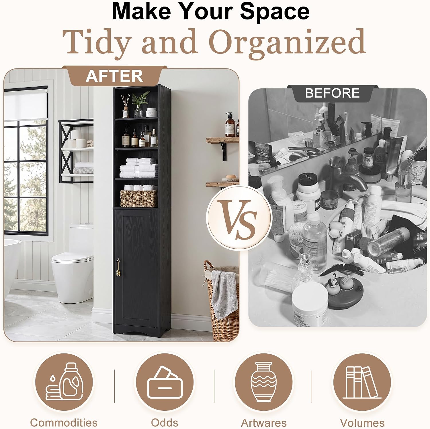 Before and after image showing improved organization with the VECELO cabinet