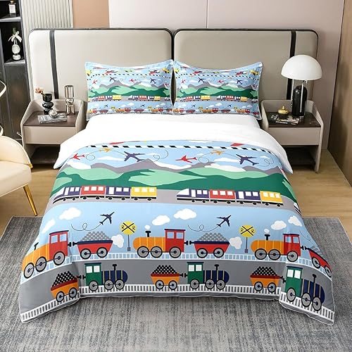 jejeloiu Funda de edredón de avión, 100% algodón, juego de funda de edredón de tren para niños, juego de ropa de cama con diseño de camión de