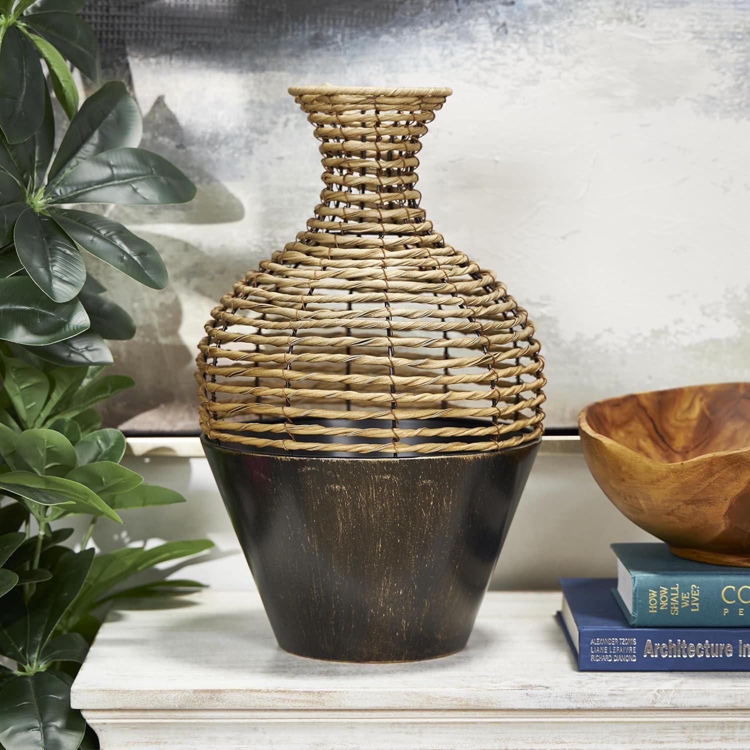 Deco 79 Plastic Rattan Handmade Decorative Vase, Twisted Centerpiece with Open Frame Design and Bronze Metal Base, 11" x 11" x 18", Bronze