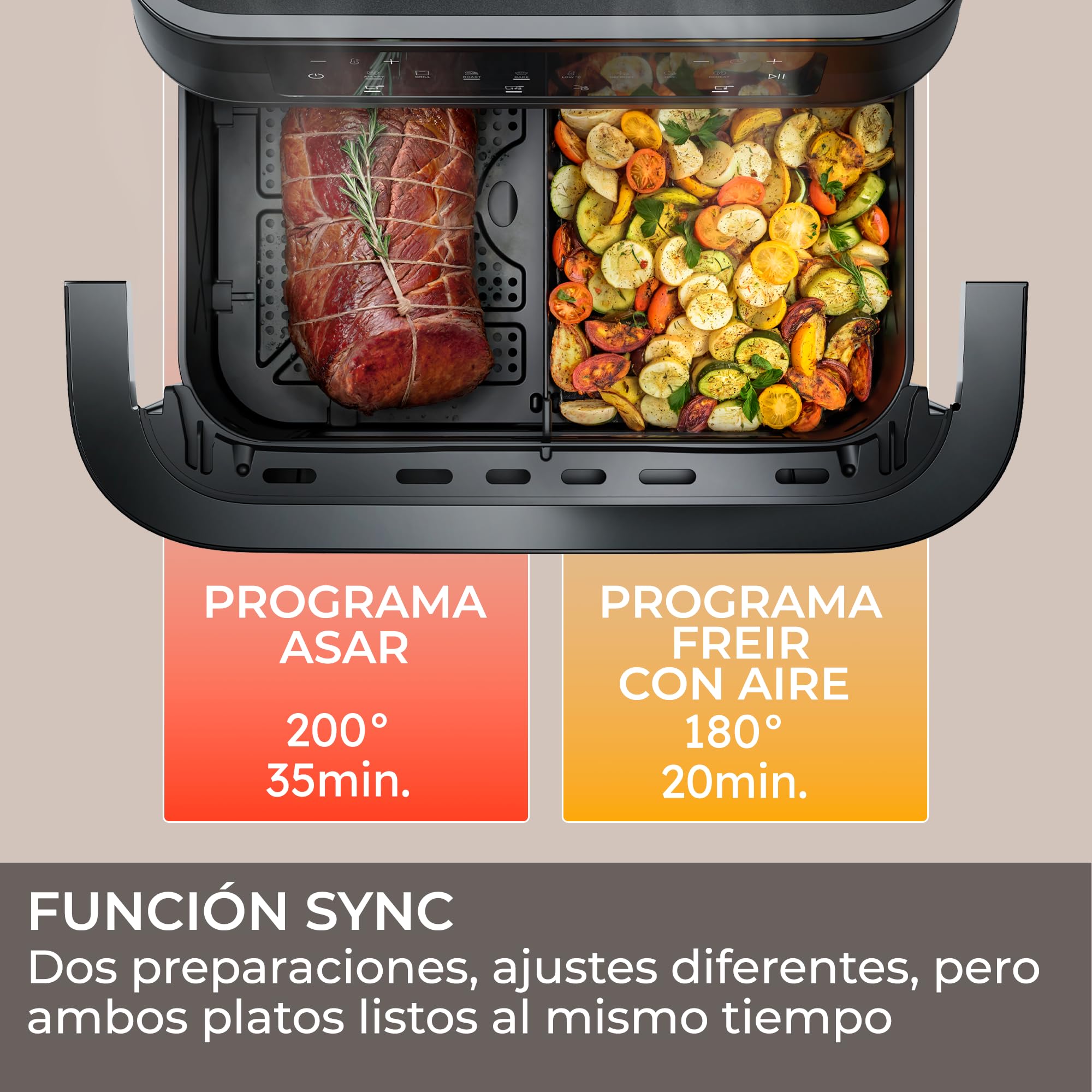 Haier Freidora de Aire Doble Cajón Flex 11L con Divisor y Ventana, 8 en 1: Air Fry, Grill, Asar, Hornear, Secar, Recalentar, Descongelar, Cocción Lenta, Sync, Antiadherente, Lavavajillas [HAF3ADW]