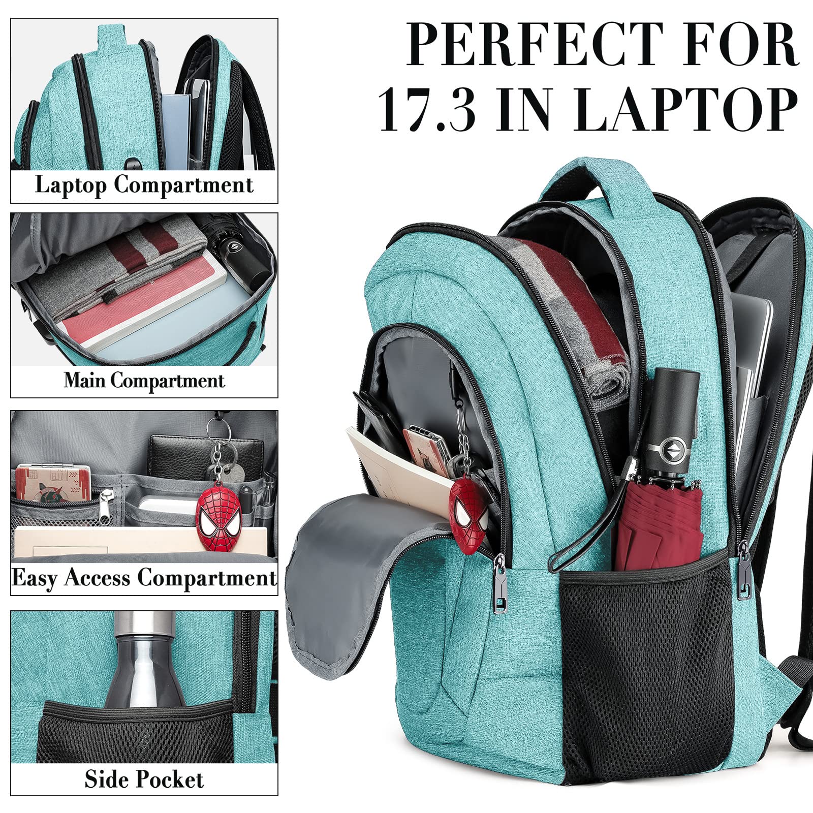 BIKROD Zaino da uomo e donna, zaino per la scuola, per ragazzi, ragazze, adolescenti, impermeabile, borsa per laptop da 17,3 pollici, con porta di ricarica USB, per lavoro, viaggi, escursionismo, con