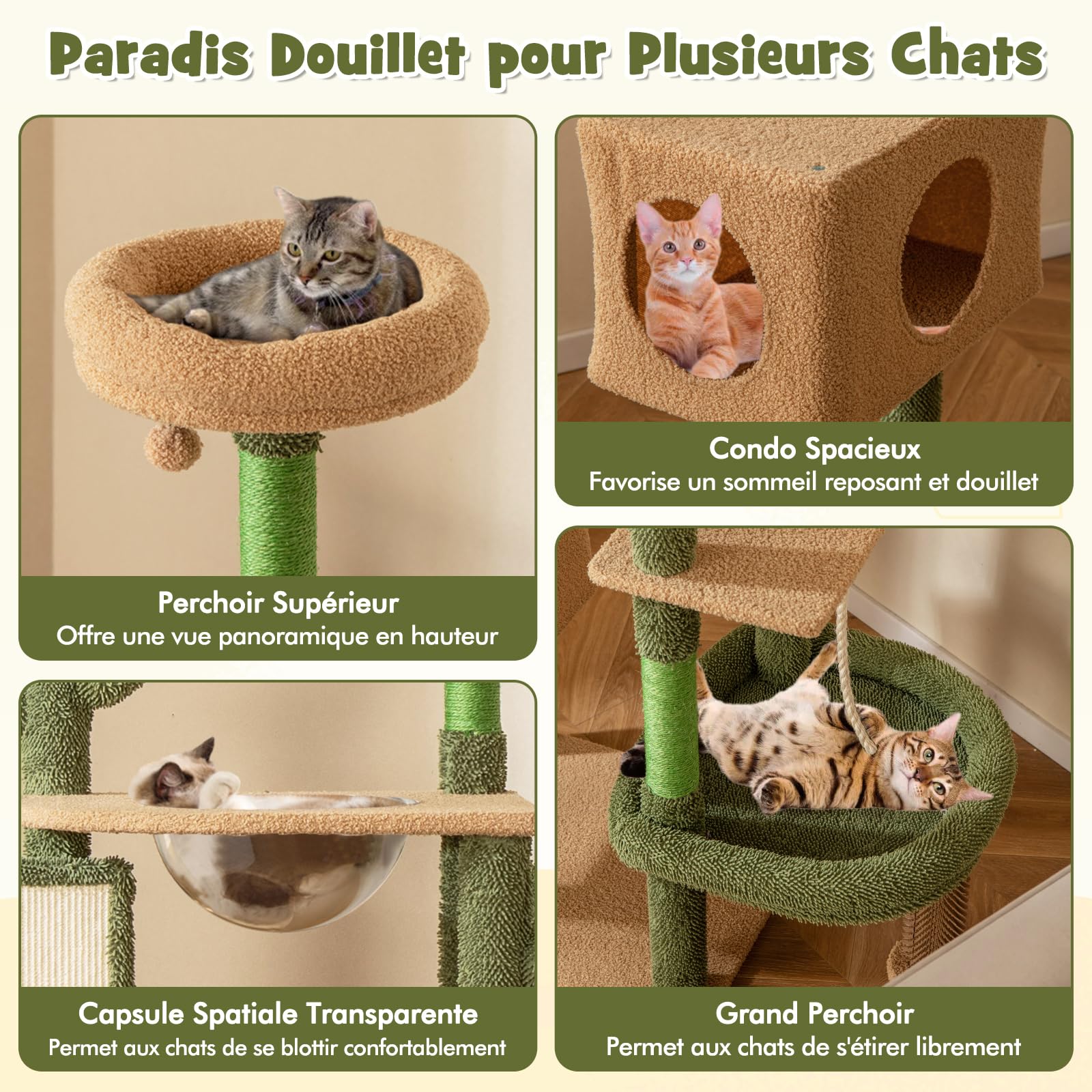 COSTWAY Arbre à Chat Cactus 150 cm, Tour pour Chats à 5 Étages, 4 Plateformes, Condo, Capsule, Arbre à Chat XXL, Brosse d'Toilettage, Planche à Griffer, 3 Poteaux à Griffer en Sisal