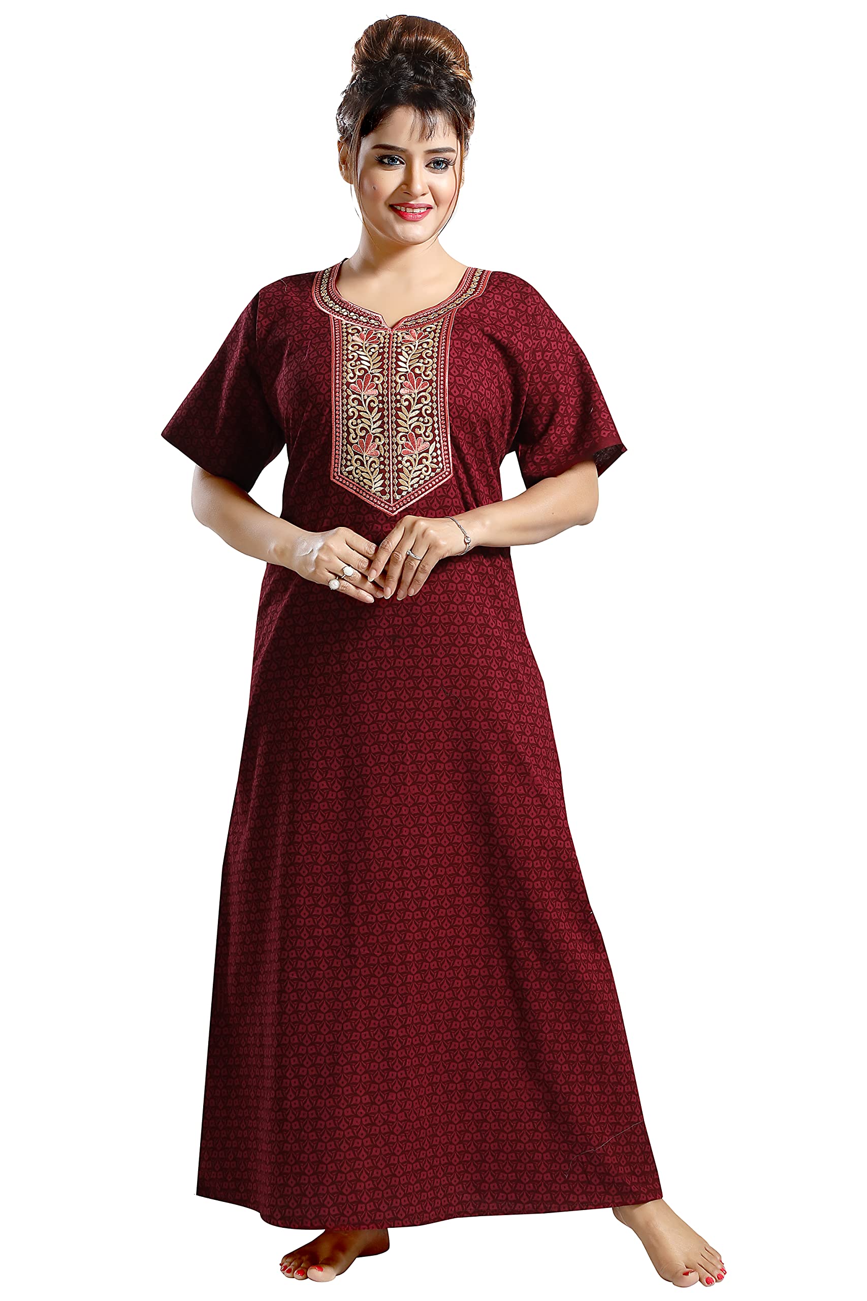 yki Women's Cotton Fabric Self Print Embriodery Nighty/Nightie-picture-16