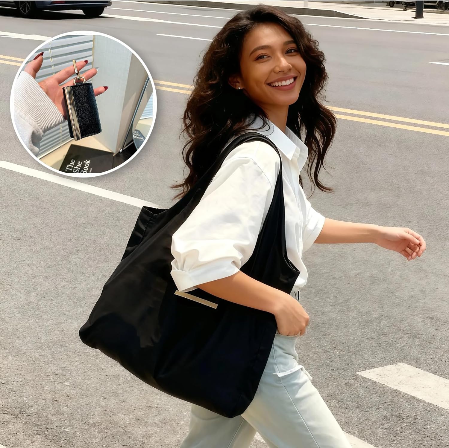 Foldable Keychain Tote Bag, Expandable Leather Mini Bag with Key Ring, Portable Handbag for Daily Errands Shopping Travel - Image 3