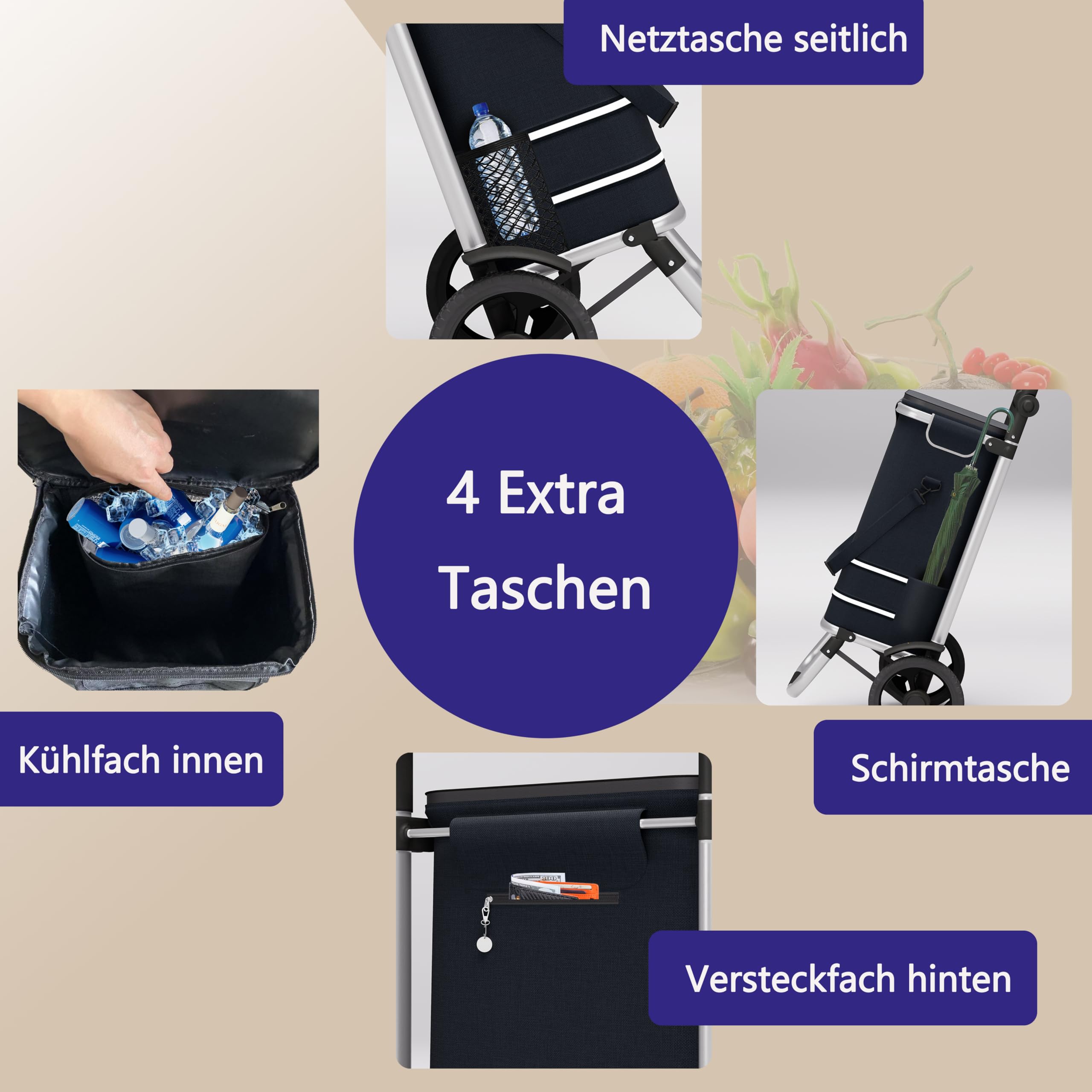 Einkaufstrolley 64L groß - Einkaufswagen klappbar, Trolley bis 60kg, Einkaufstasche mit Rollen und Kühlfach, Einkaufsroller mit Reflektor, Handwagen inkl. Einkaufswagenchip, Schwarz