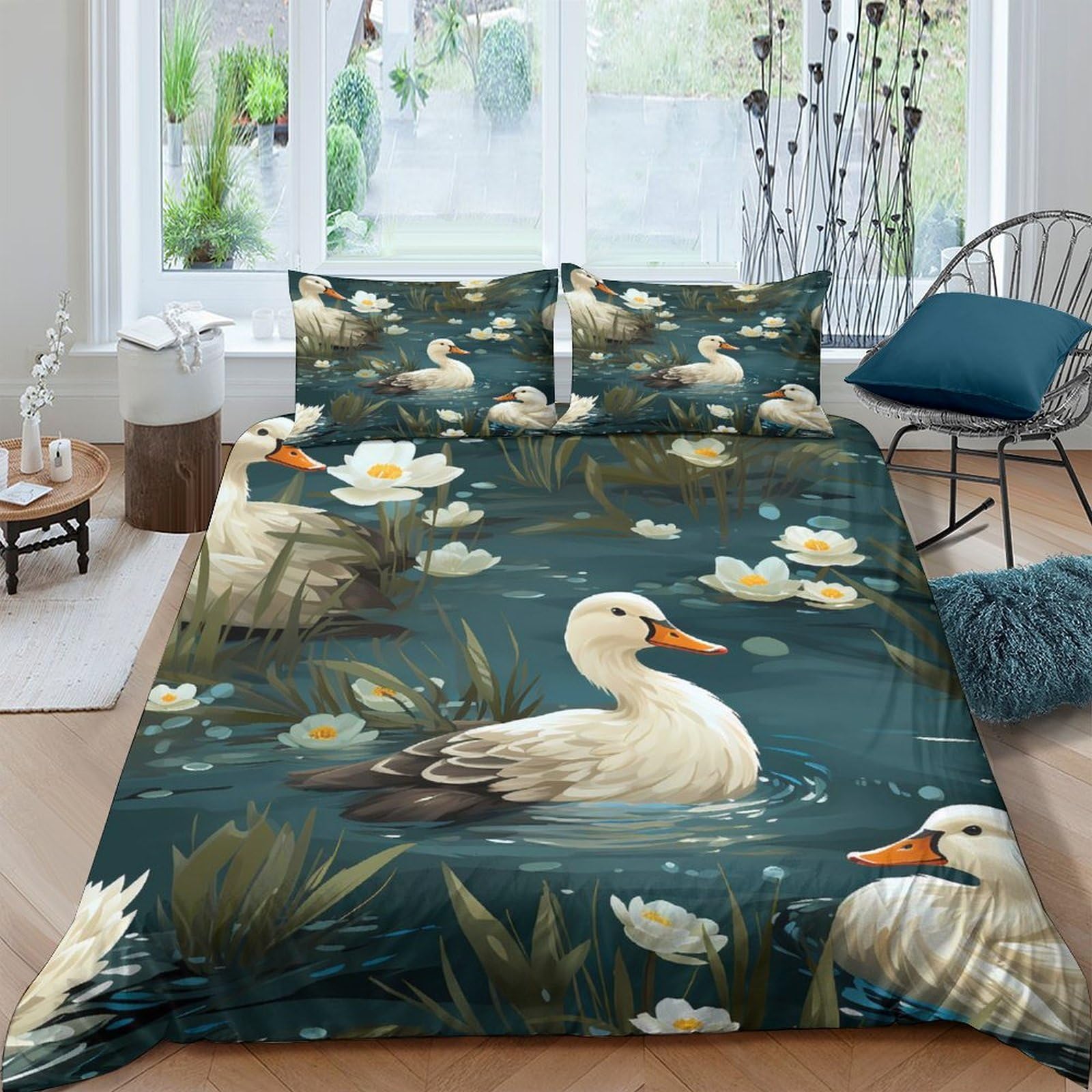 GPLZQXKJNH 3D Printed Swan Lake Duvet Cover Microfiber Soft Breathable Water Lily Bedding Set with 2 Pillowcases for Bedroom Decor Single（135x200cm）