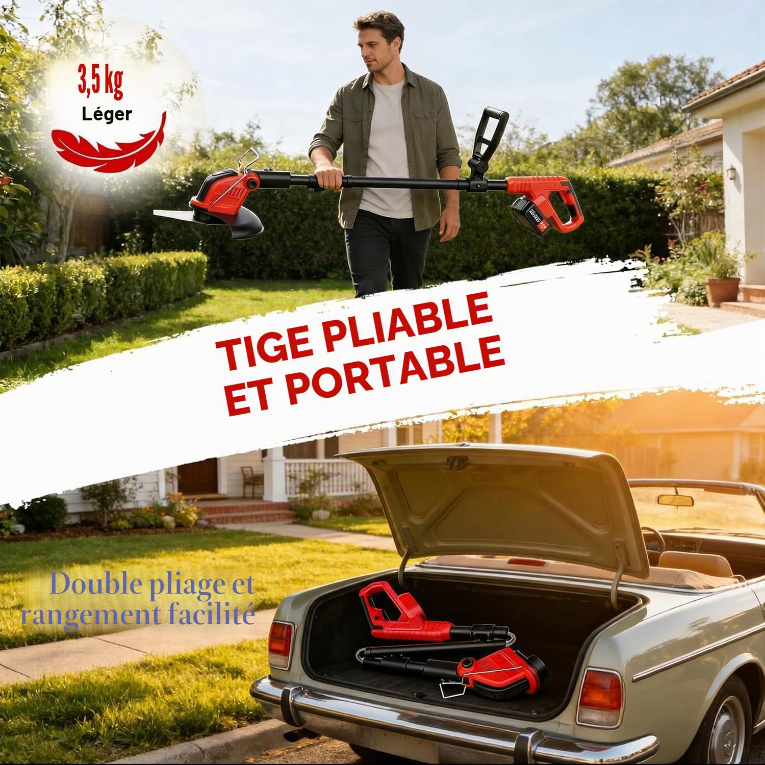 Débroussailleuse Electrique sans Fil 12", Coupe-Bordure Électrique sur Batterie 2×21V 3.0Ah avec Roues, 4 Types Lames Interchangeables, Tondeuse Multifonction 4-en-1 Dresse-Bordures pour Jardin