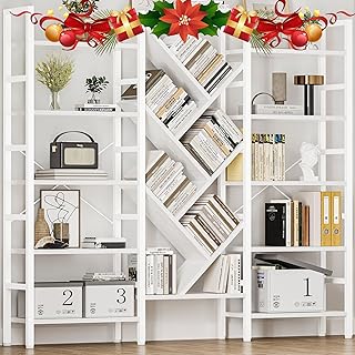 5 Tier Bookshelf Wooden Bookcase with 17 Open Display Shelves Modern Tree Book Shelf Metal Frame Tall Bookshelves Furniture for Living Room (White)