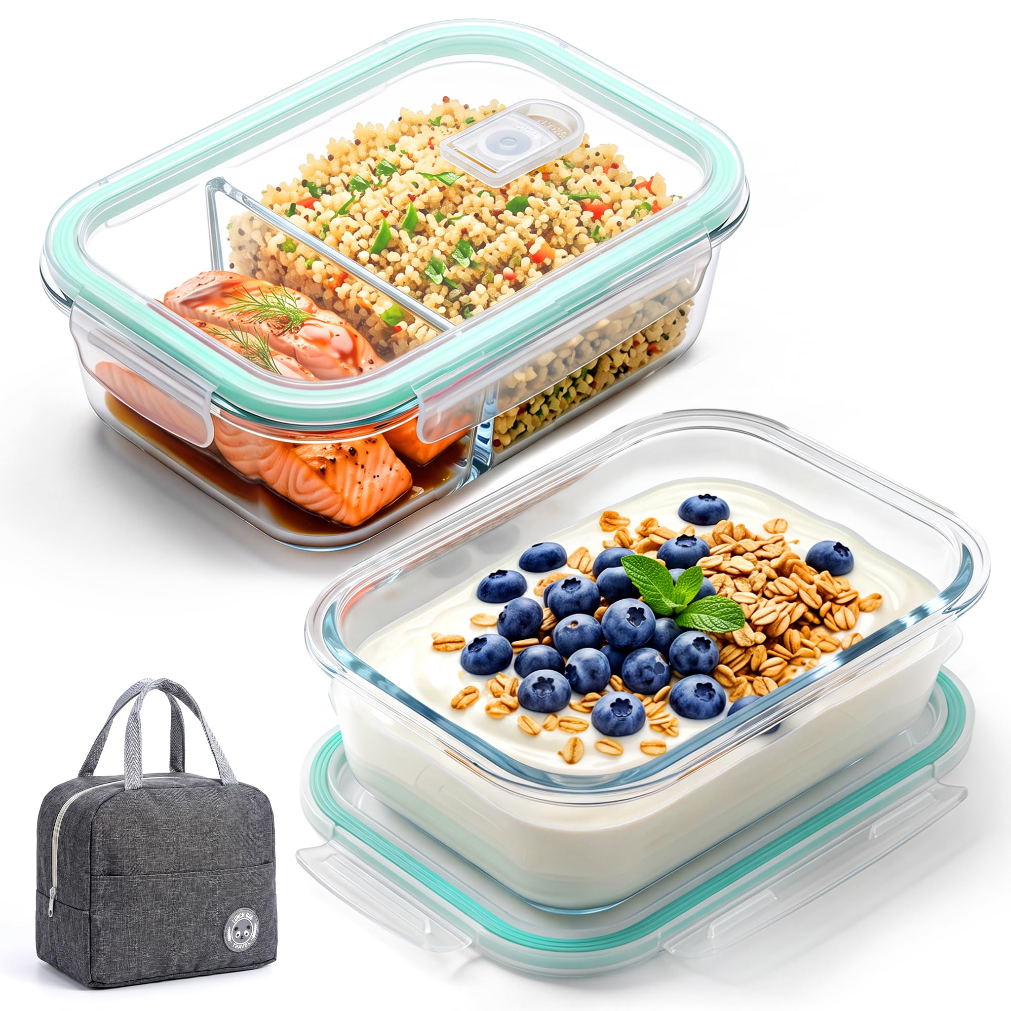 2 Pack meal prep containers glass, 2 Compartment & Bowl 1040ml, for Office