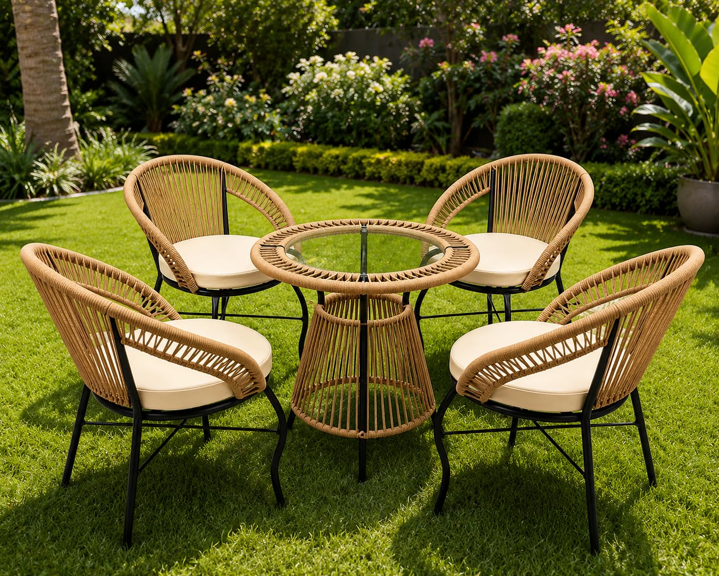 5-Piece Outdoor Rattan Rope Patio Bistro Set for Garden, Backyard, Balcony, Porch, Poolside Furniture with All-Weather Rattan Rope and Glass Top Table, (58 X 46 X 79Cm) (White)-image-29