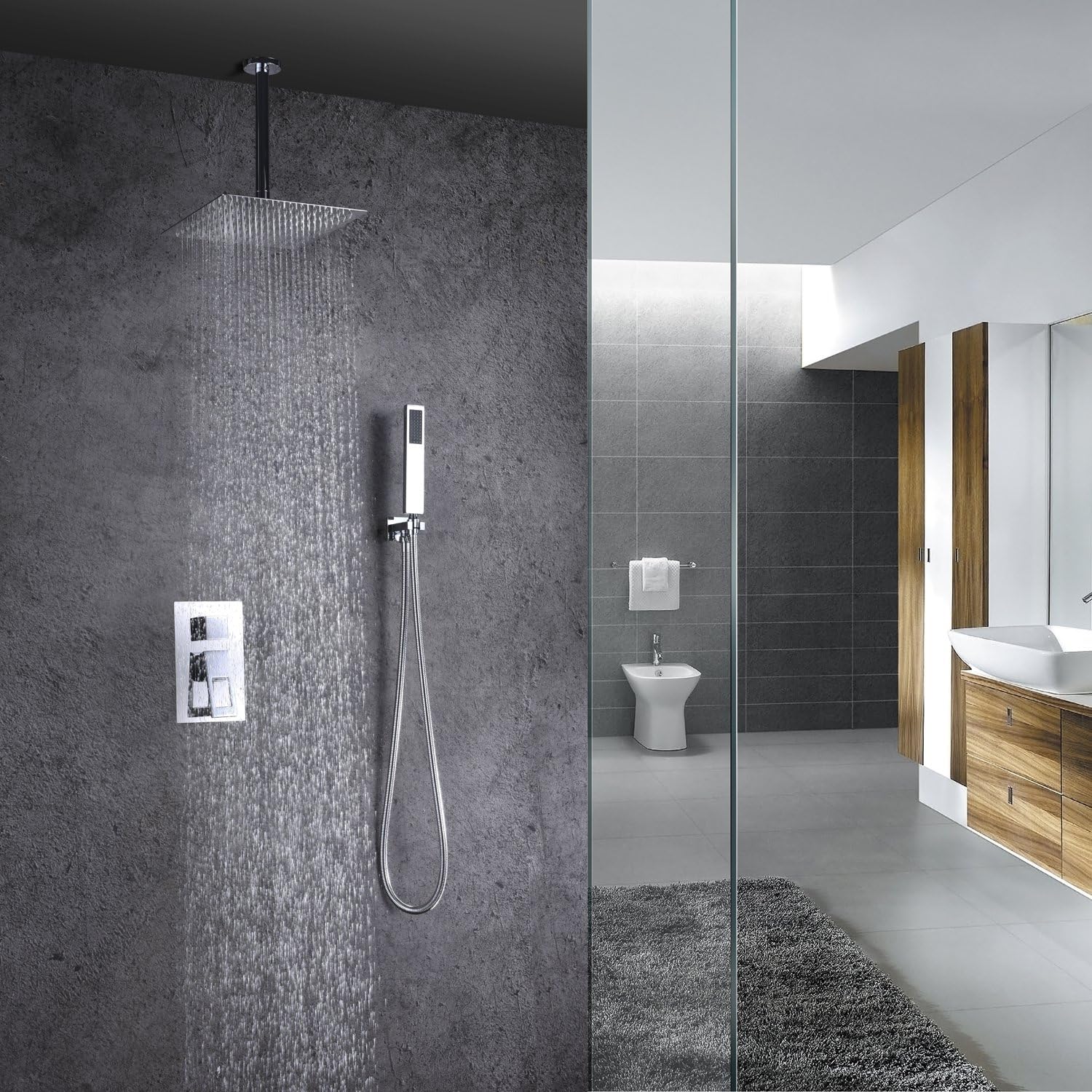 sumerain Shower System Ceiling Mount with Rough-in Valve, Rain Showerhead and Hand Shower, Chrome Finish