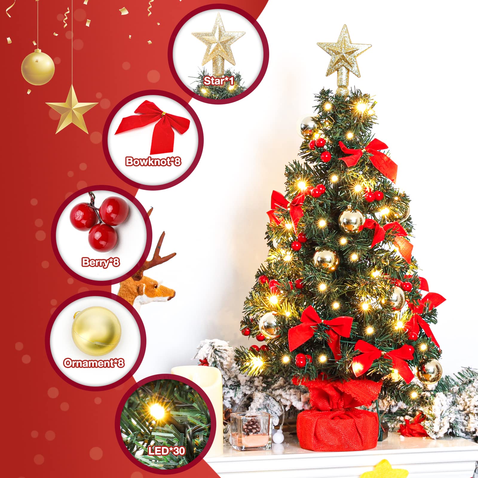 Decoway 24inch Tabletop Christmas Tree Mini Artificial Desktop Christmas Tree with LED Lights & Ornament for Table Top Desk