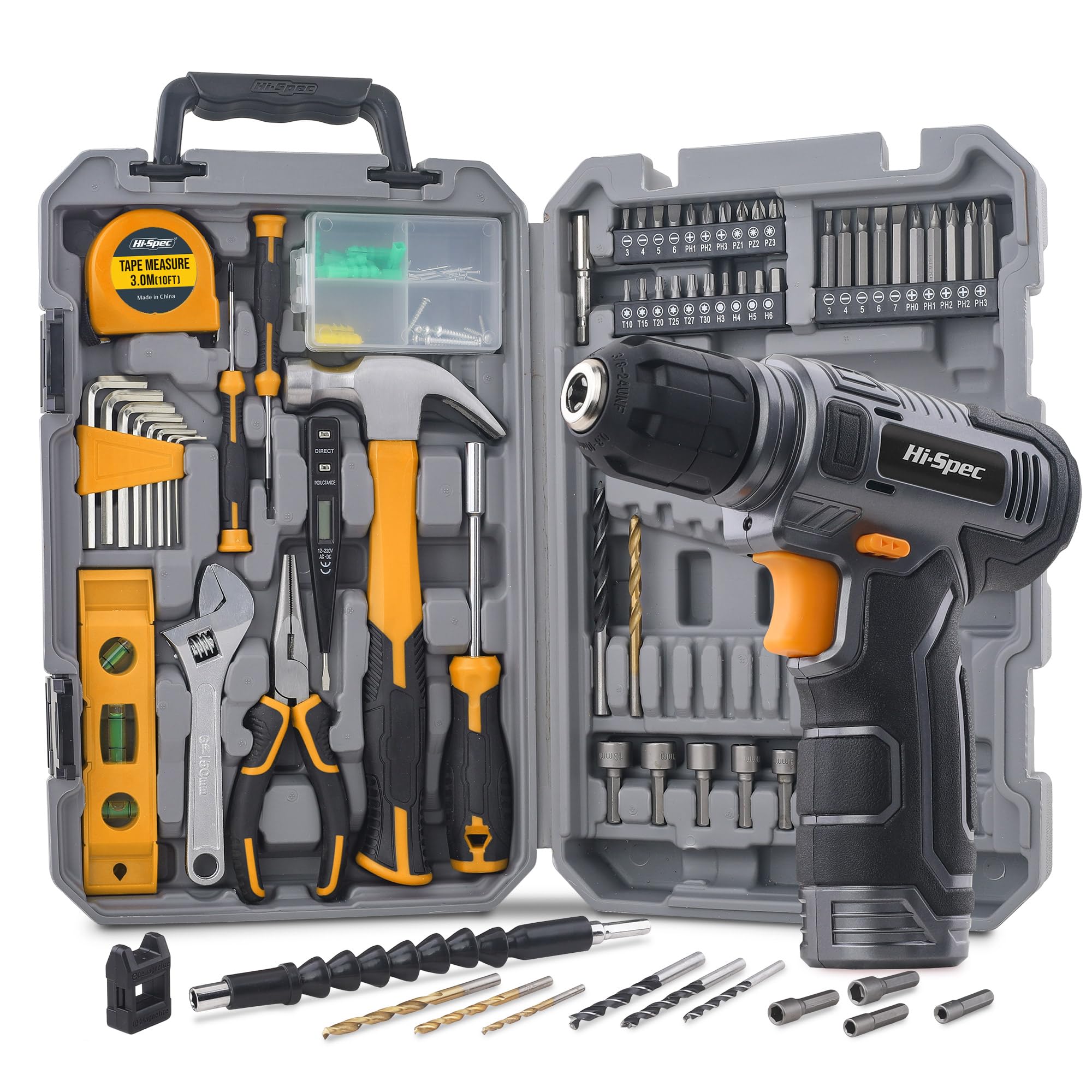 Hi-Spec Tool Kit with 8V Cordless Drill Set. Complete DIY Tool Set for Essential Everyday Home Repair & Maintenance. USB Rechargeable Electric Drill in a Compact Toolbox Case.