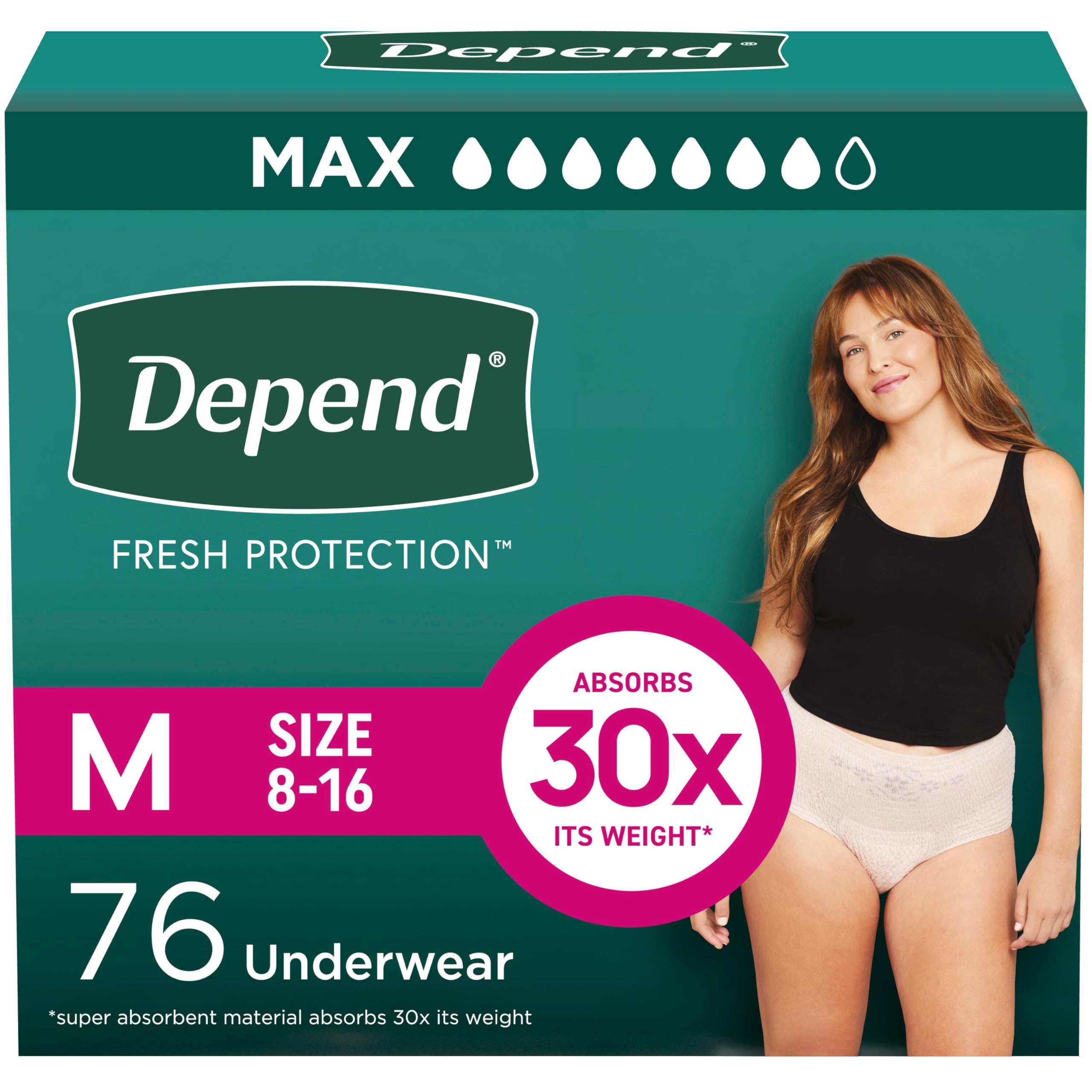 Depend Fresh Protection Adult Diapers, Incontinence & Postpartum Bladder Leak Underwear for Women, Disposable, Maximum, Medium, Blush, 76 Count (2 Packs of 38), Packaging May Vary