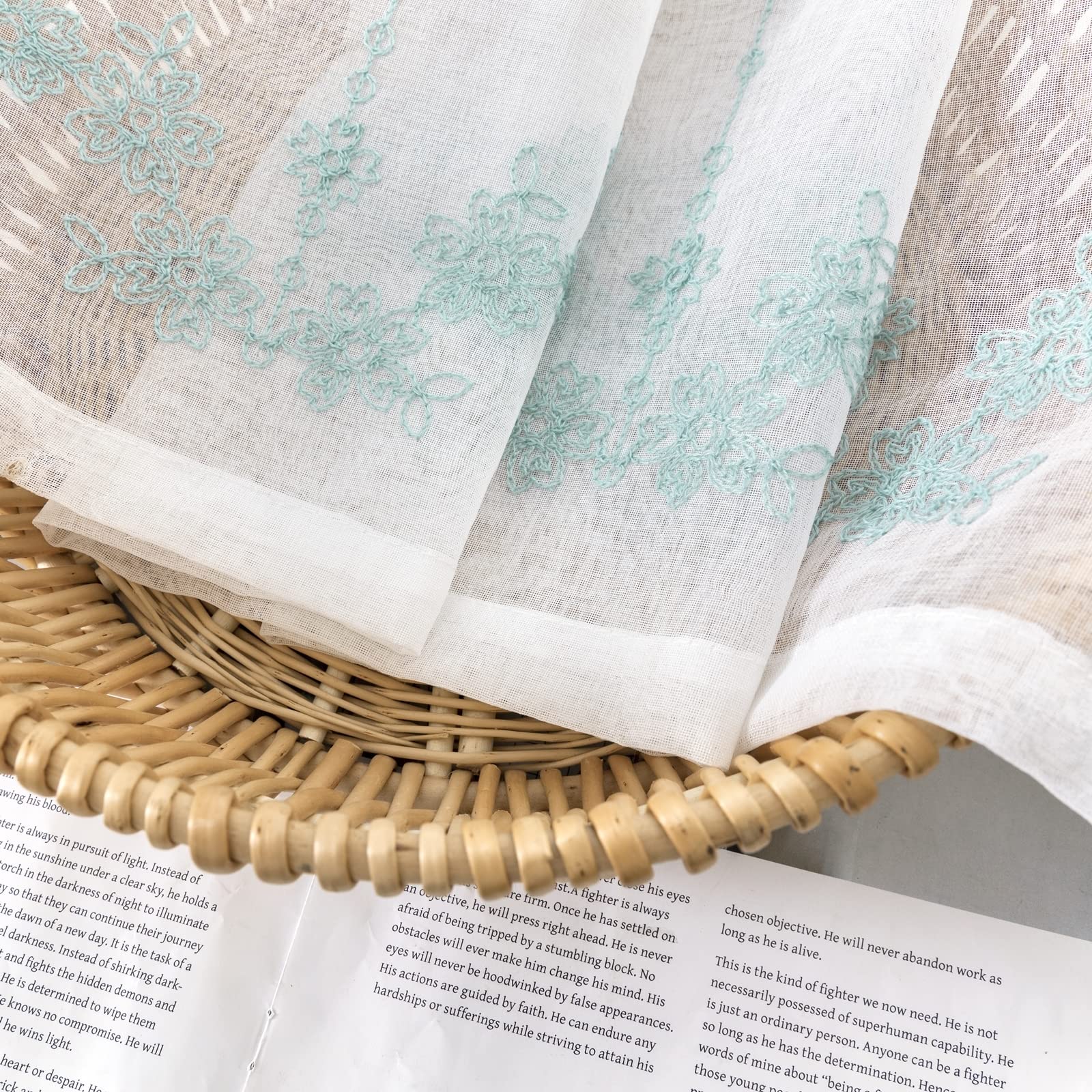 Daesar Doppie Tende Soggiorno, Tenda Voile in Lino con Anelli Tende per Stanzetta e Salotto Motivo Fiori Vintage Ricamata Blu Verde 107x115CM
