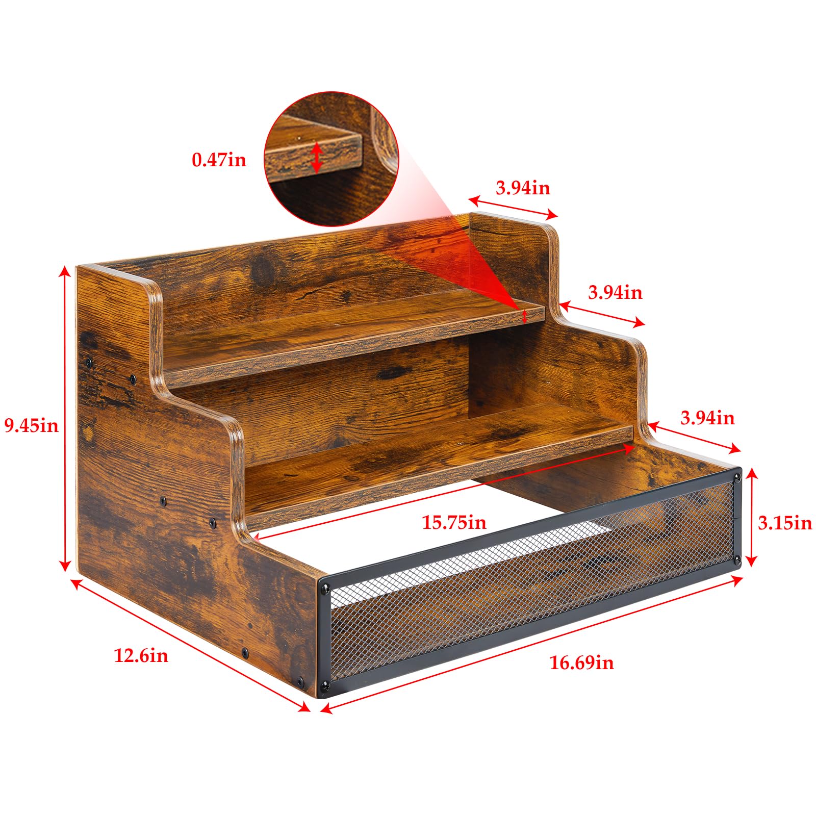 3 Step Countertop Liquor Bottle Display Shelf, Wood Bar Shelves 12 Bottles with Fences, Freestanding Storage Shelves for Liquor Whiskey Wine Coffee Syrup Display, Retro Wine Rack Home (Patent Pending)