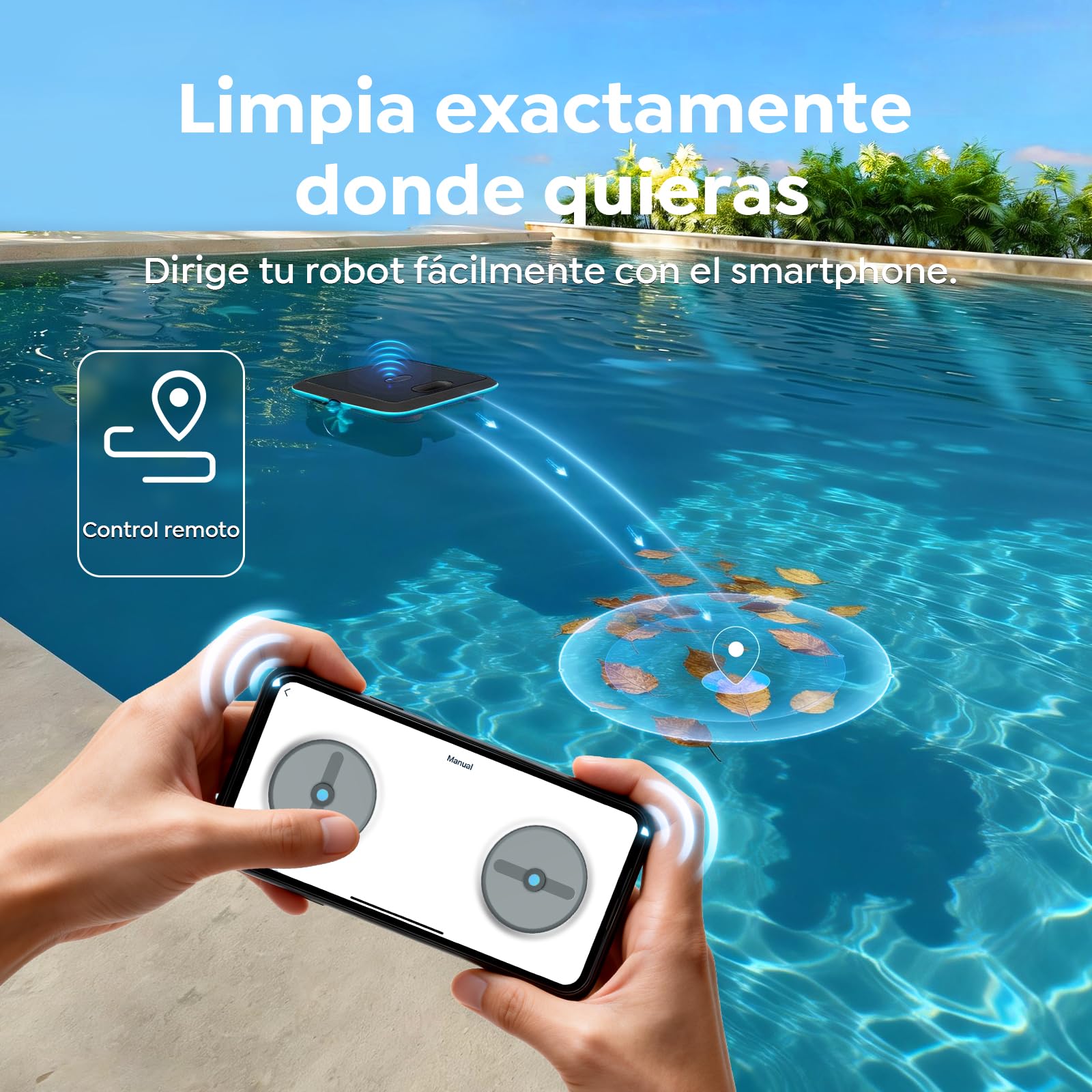 SK02 Robot Limpiafondos Piscina, Skimmer de Piscina Solar con Control App,Carga Dual, Sensor de Temperatura, Limpiador de Piscina Skimmer Automático 24/7