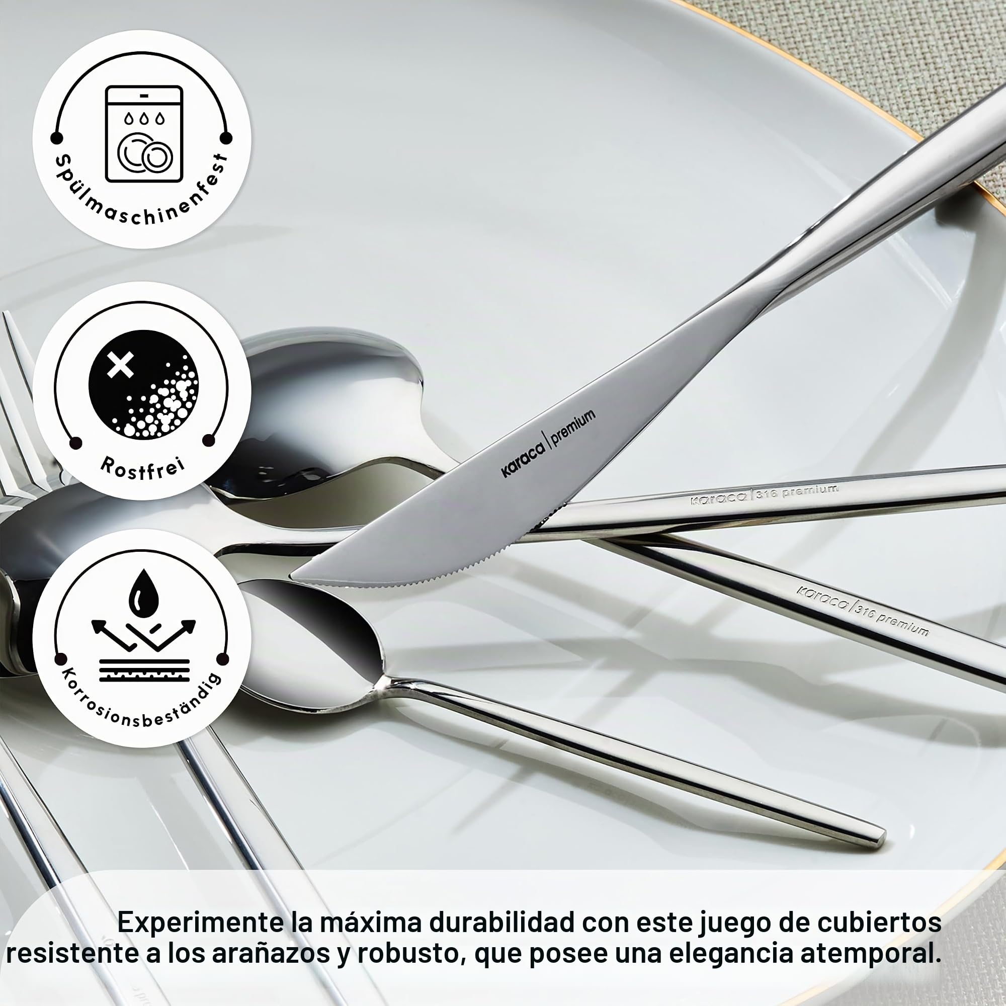 Karaca Mild - Juego de 84 cubiertos de alta calidad para 12 personas, 18/10, acero inoxidable, duradero, resistente a la corrosión, apto para lavavajillas, hoja de acero de alta calidad