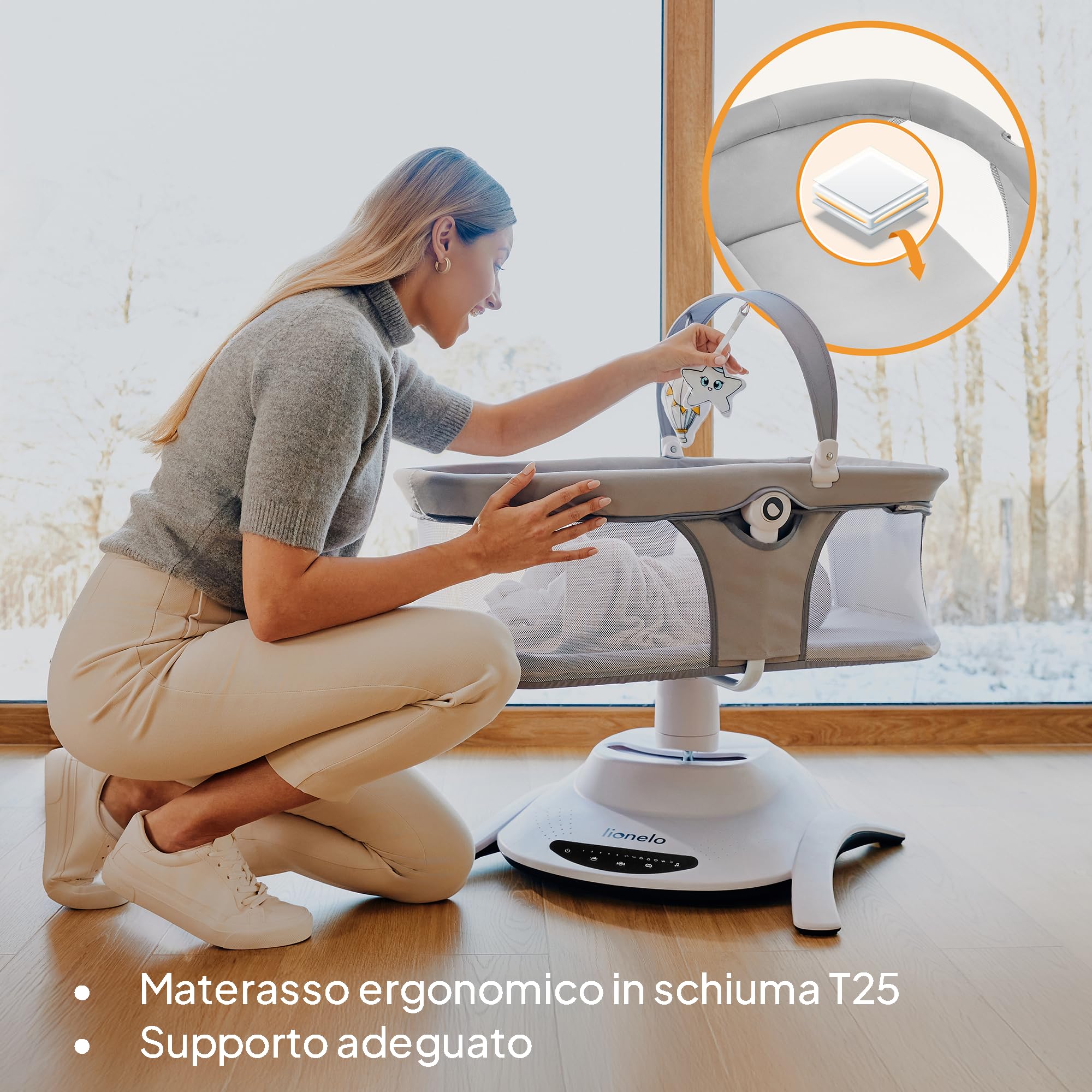 Lionelo Sdraietta Elettrica e Culla lettino BELLA SET 2in1 per Neonati, Girevole 360°, 6 Movimenti di Dondolio, 12 Melodie, Telecomando, Cinture di Sicurezza, Materasso in Schiuma T2, fino a 9kg