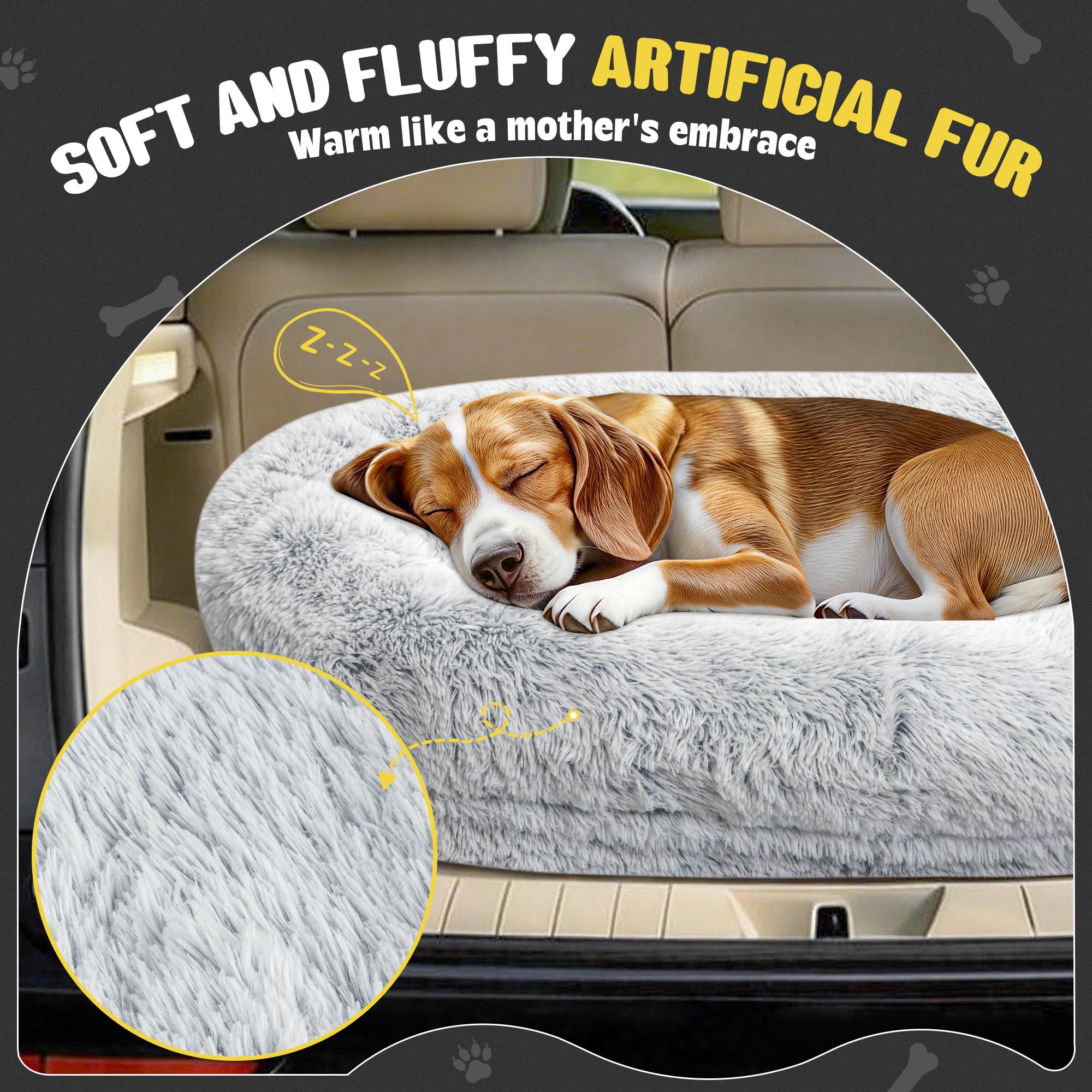 Loiion Premium Plush Orthopedic Car Dog Bed for Large Dogs, Dog Car Bed with Waterproof Liner & Non-Slip Base | Washable Faux Fur Travel Bed for SUV/Sedan Backseat (Light Grey, Medium) - image 2