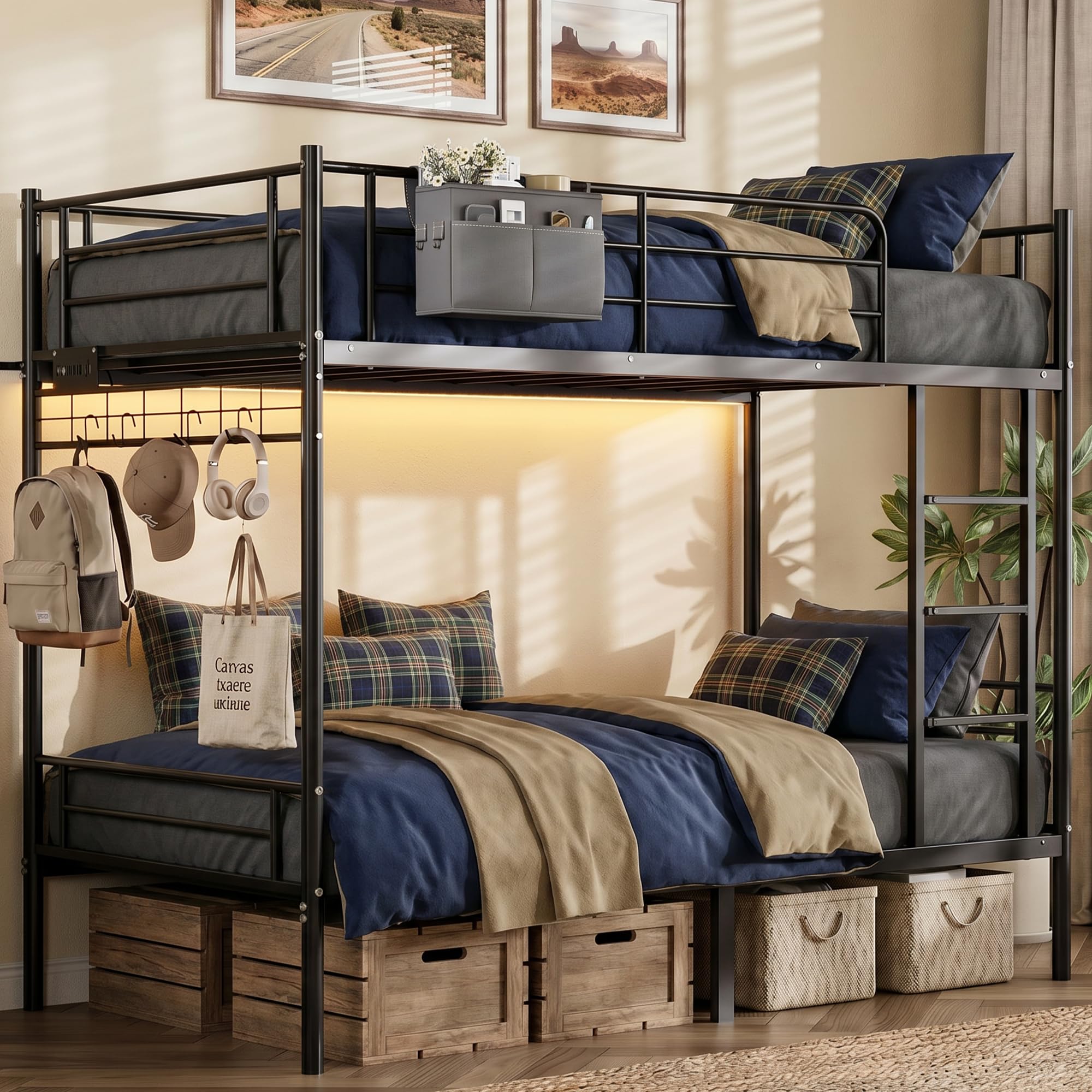Photo 1 of ****CHECKED 8/2/25 - SOLD AS IS/ NO RETURNS - SALE FINAL - FOR PARTS ONLY****Bunk Bed,Bunk Bed Twin Over Twin with Power Outlet and LED Lights,Black