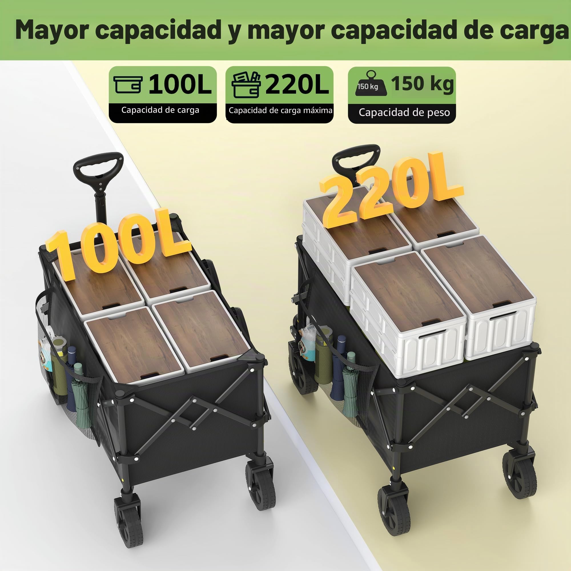 Morpilot Plegable 220L / 150 kg, Ruedas Todoterreno para Playa y Césped, Asa Ajustable, Fácil de Plegar, Cabe en Maletero, Carro para Camping, Compras y Jardín, Negro