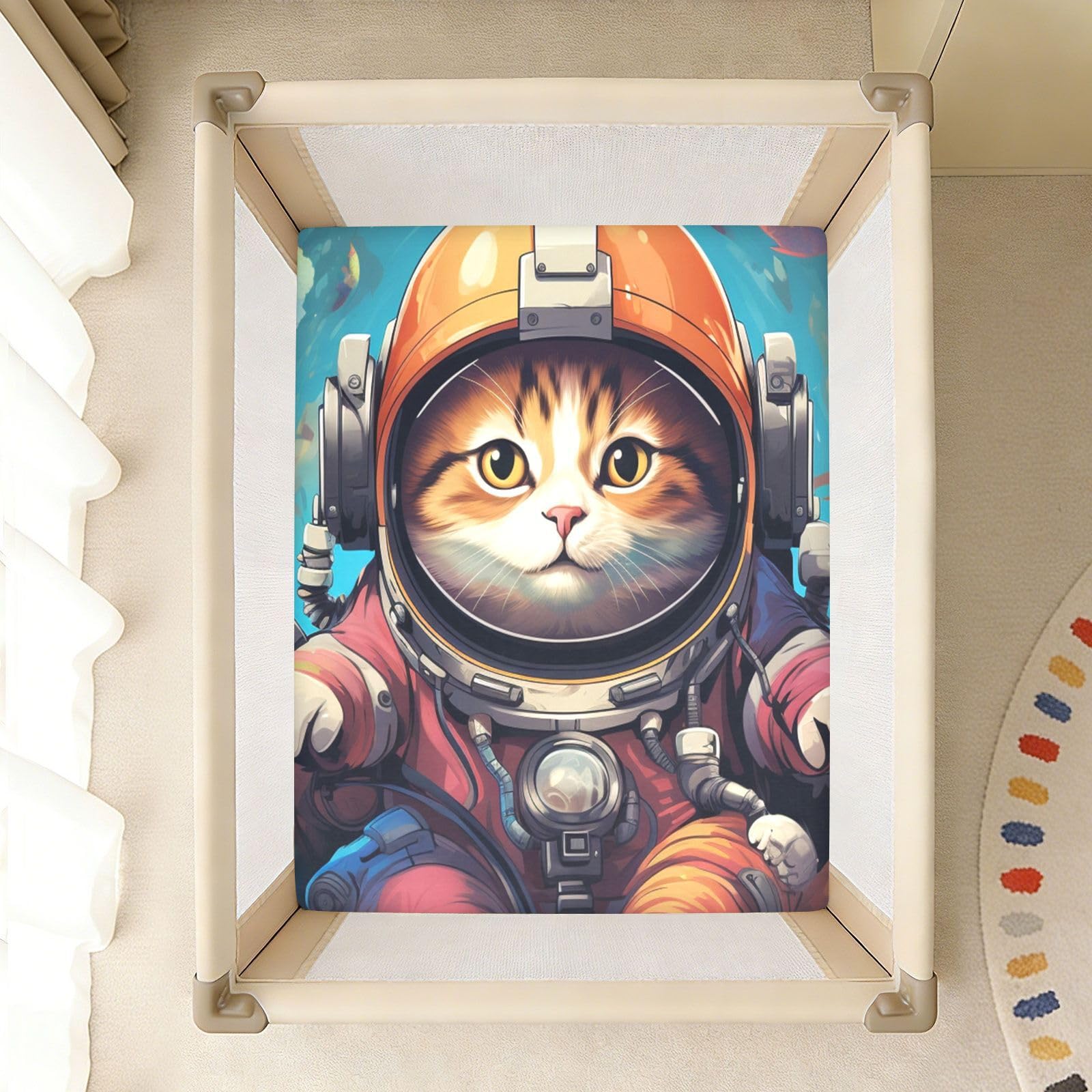 Lindo Gato Astronauta Volando Espacio Sábana de Cuna para Niños Pequeños,Sábanas de Algodón Suave para Bebés Aptas para Colchón Corralito