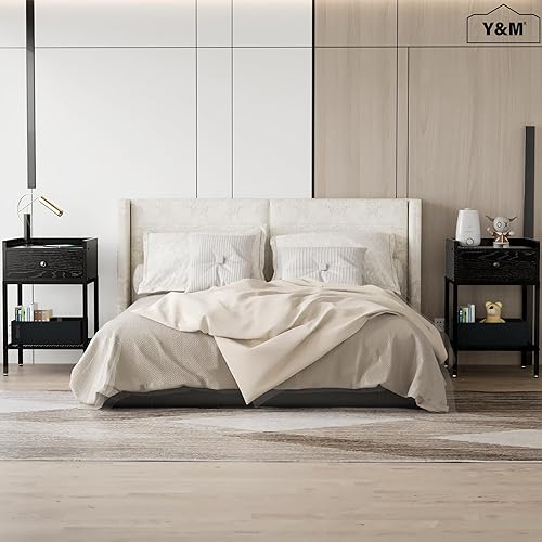 Miniatura 4 de Y&M Mesita de noche, 1 mesa auxiliar de 2 niveles con cajón, moderna mesita de noche, estante de almacenamiento para espacios pequeños, dormitorio,