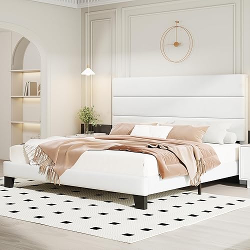 Miniatura 57 de HOOMIC Base de cama de tamaño matrimonial con cabecero, plataforma tapizada de tela con soporte de listones de madera fuerte, base de colchón, no