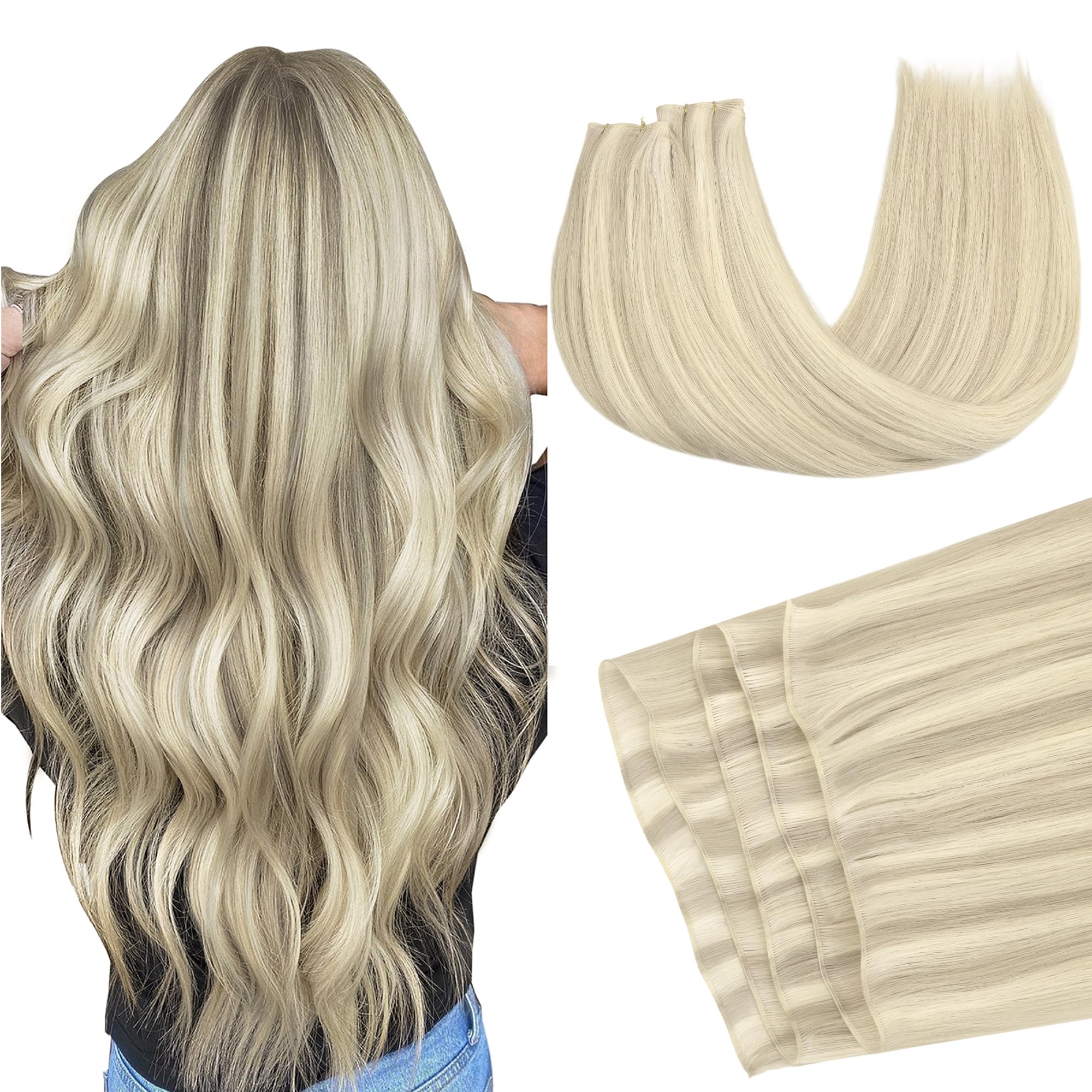 GOO GOO Genius Human Hair Extensions - Sew In Remy Weft, 17A/60A Ash Blonde Highlighted Platinum Blonde, 18 Inch 100g, Hand Tied