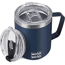 WETOWETO 14 盎司咖啡杯、带盖真空绝缘露营杯、双壁不锈钢旅行不倒翁杯、热咖啡杯、粉末涂层海军蓝色