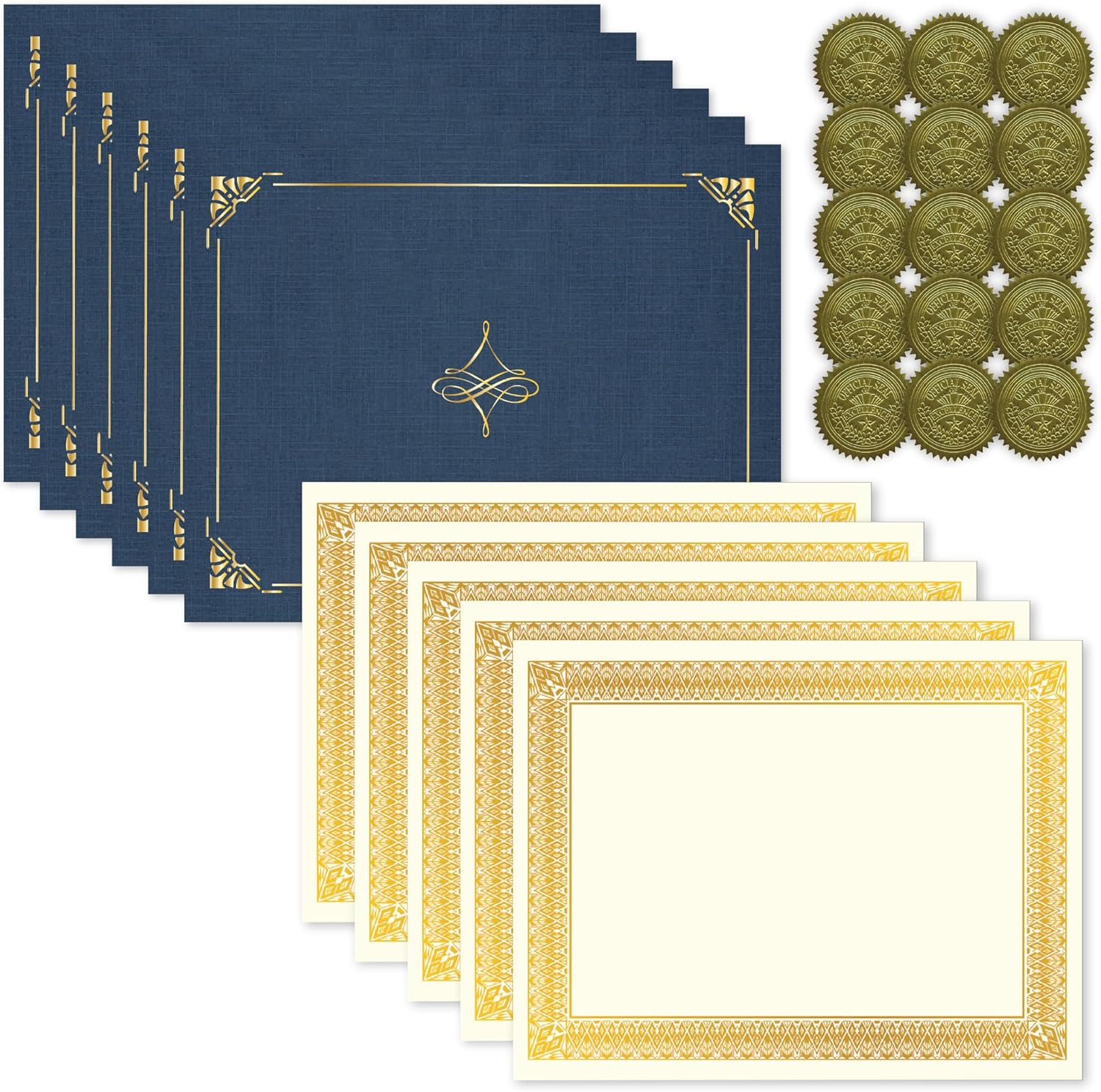 Geographics Navy Blue Linen Certificate Award Kit with Gold Foil Seals & Ivory Cardstock Certificates, 8.5″ x 11″, 75-Piece Recognition Set