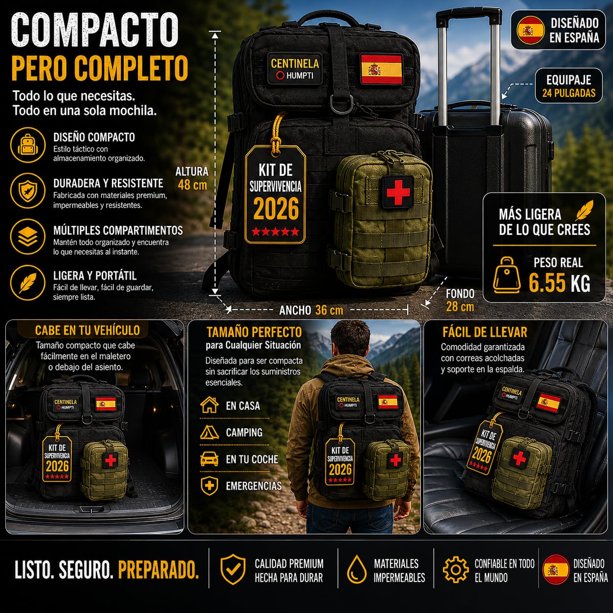 Kit de Supervivencia Completo UE 2026, Mochila Supervivencia 72 Horas Equipada con Camping Gas Portatil, Kit Supervivencia Catastrofe, Botiquín Táctico con Radio Sola, Alicates, Tijeras y Silbato