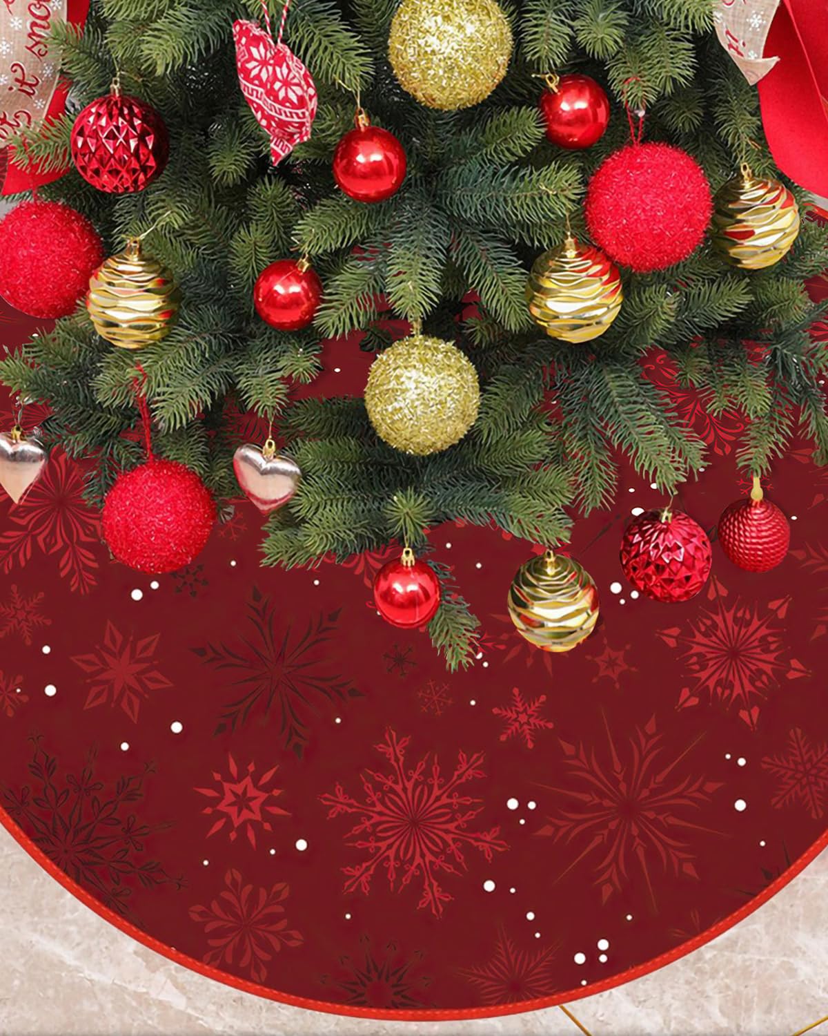 Mateju Burgundy Christmas Tree Skirt Red 28/36/48 Inch, Xmas Tree Skirt Soft Plush Base Floor Mat Cover Christmas Party Decorations Festive Holiday Design (,28Inch)