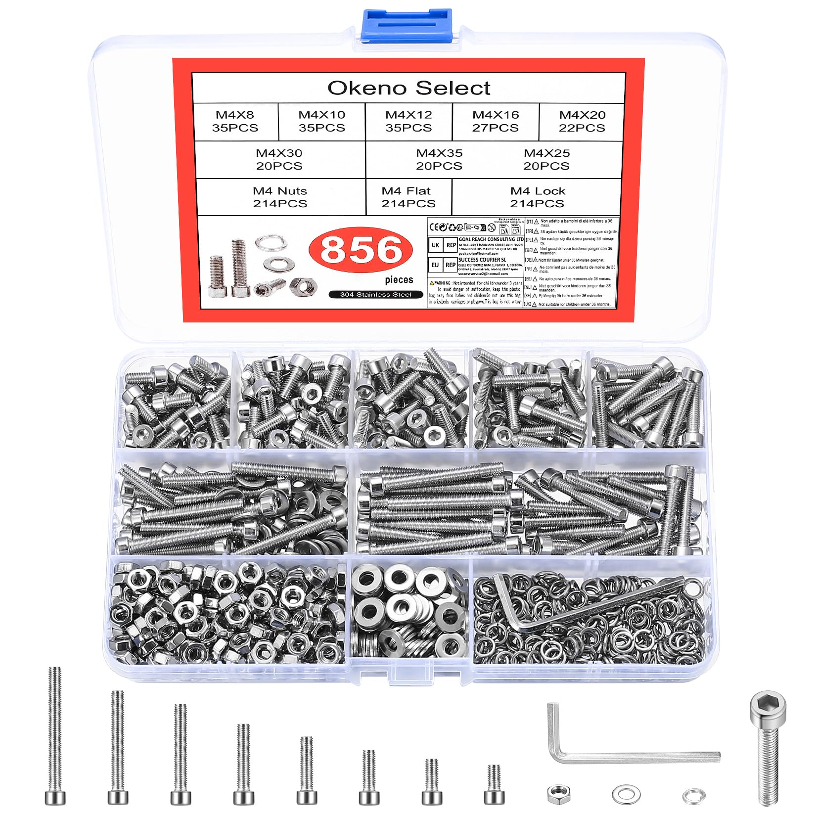 Okeno Select 856 Pcs M4 Screw Assortment Kit, Hex Bolts with Nuts Set, Stainless Steel Machine Screws with Hex Socket Cap Head & Washers for DIY, Furniture, Machinery