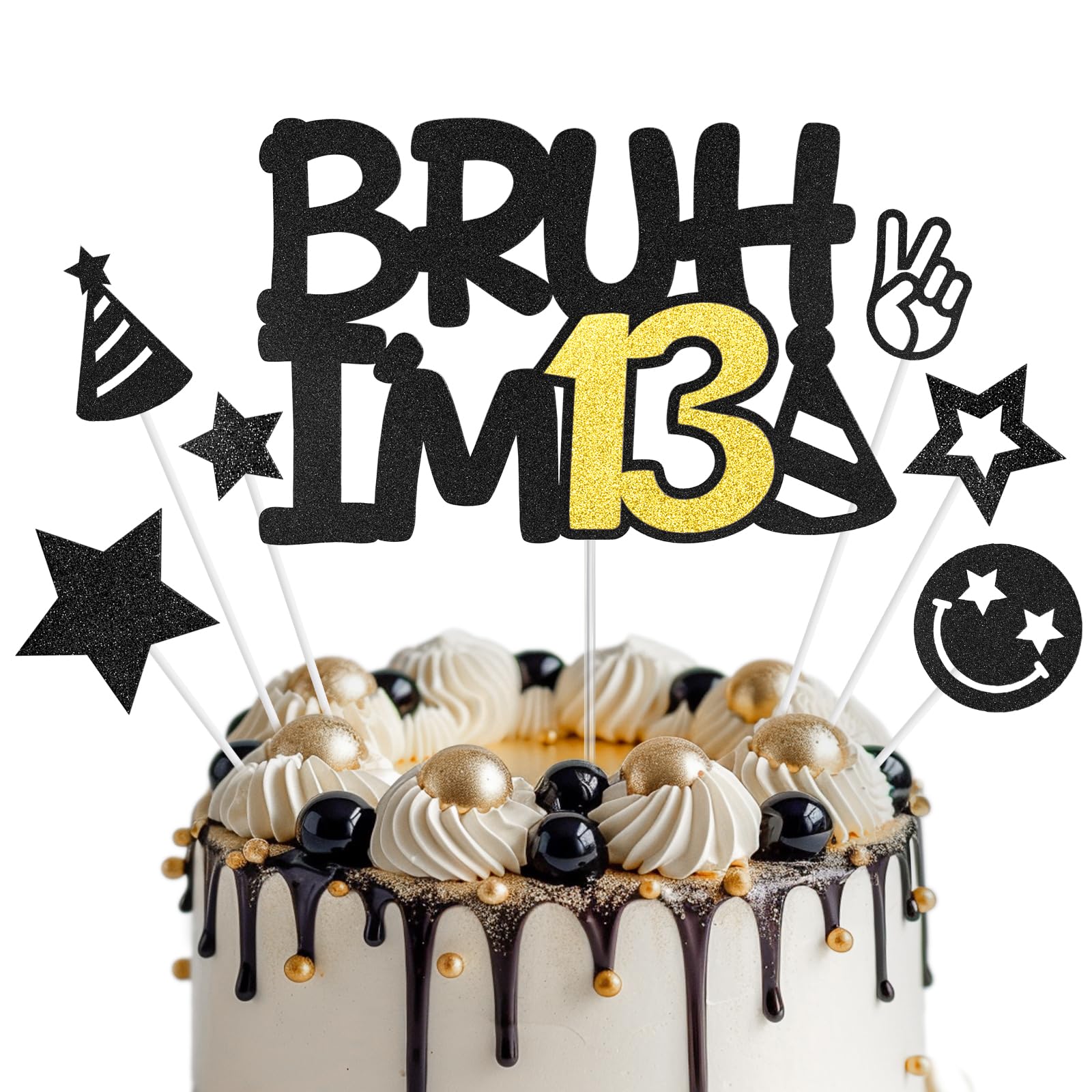 Bruh I'm 13 Cake Topper, Happy 13th Birthday Cake Topper, Black Gold Glitter Cake Decoration, 13 Cake Topper, Birthday Party Cake Decor Supplies for Boys Girls 13 Years Old