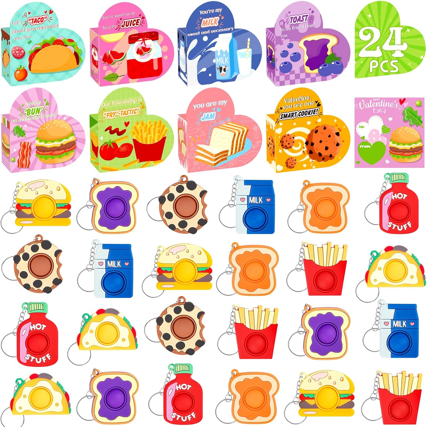 FHOZGECY Valentines Day Cards for Kids School, 24PCS Food Fidget Toys and Heart Box for Boys and Girls, Valentines Cards for Kids Classroom with Keychains, Valentines Classroom Exchange Party Favors
