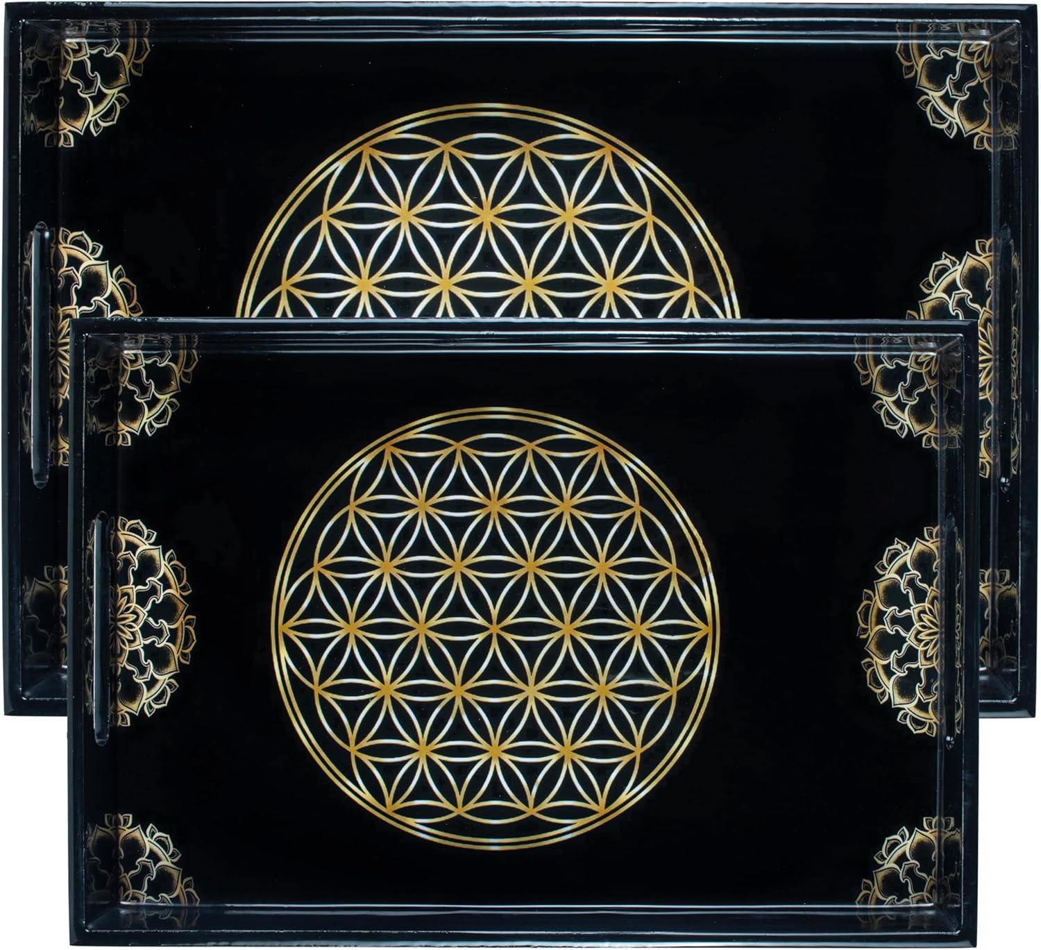 Crocon Bandejas de madera con asas, juego de 2 bandejas rectangulares negras, bandejas otomanas grandes para mesa de café, sala de estar y