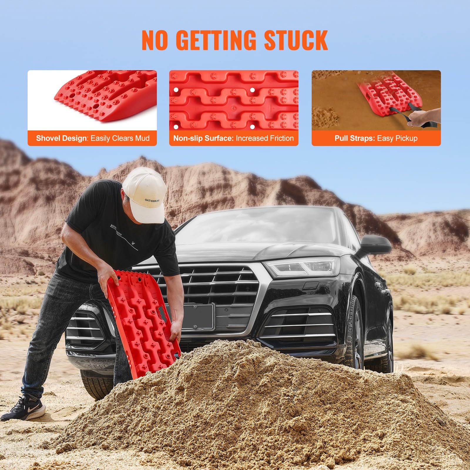 VEVOR Pannelli Trazione per Veicoli Materiale PP, Pannelli di Recupero per ATV/Automobili/Pickup/SUV/RV, Tappetini Trazione 692 x 278 x 68 mm per Pneumatici su Neve, Sabbia, Fango e Terreno Sciolto