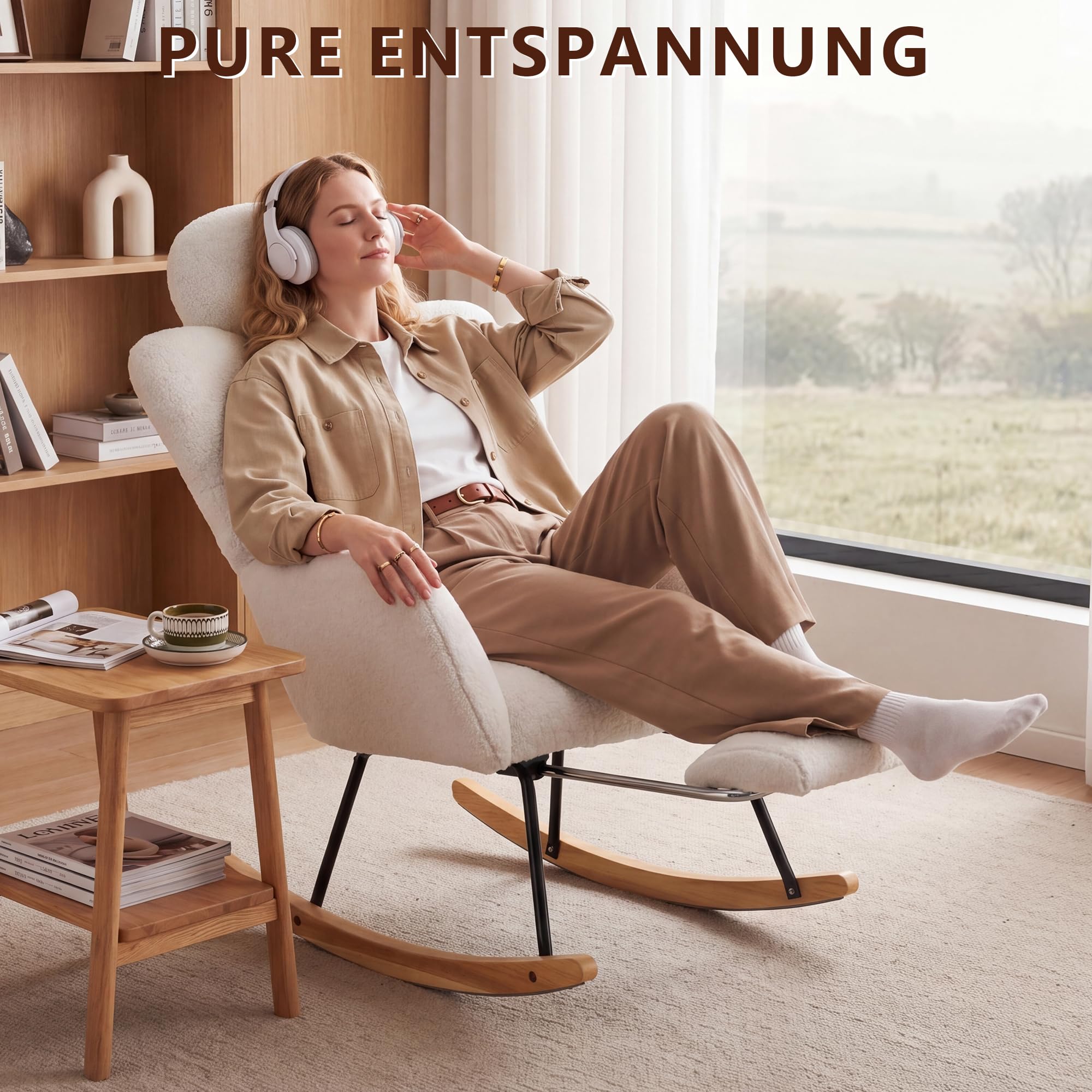 DEKKETO Teddy Stillsessel Schaukelstuhl mit Fußstütze und Kopfstütze, Weiß