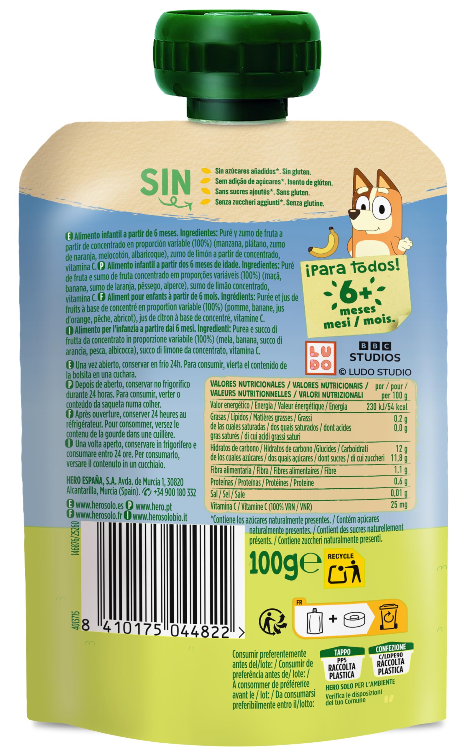 Hero Solo, Mi Fruta Bolsita de Fruta sabor Mediterráneo - Para Bebés a Partir de los 6 Meses - Pack de 18 x 100 g