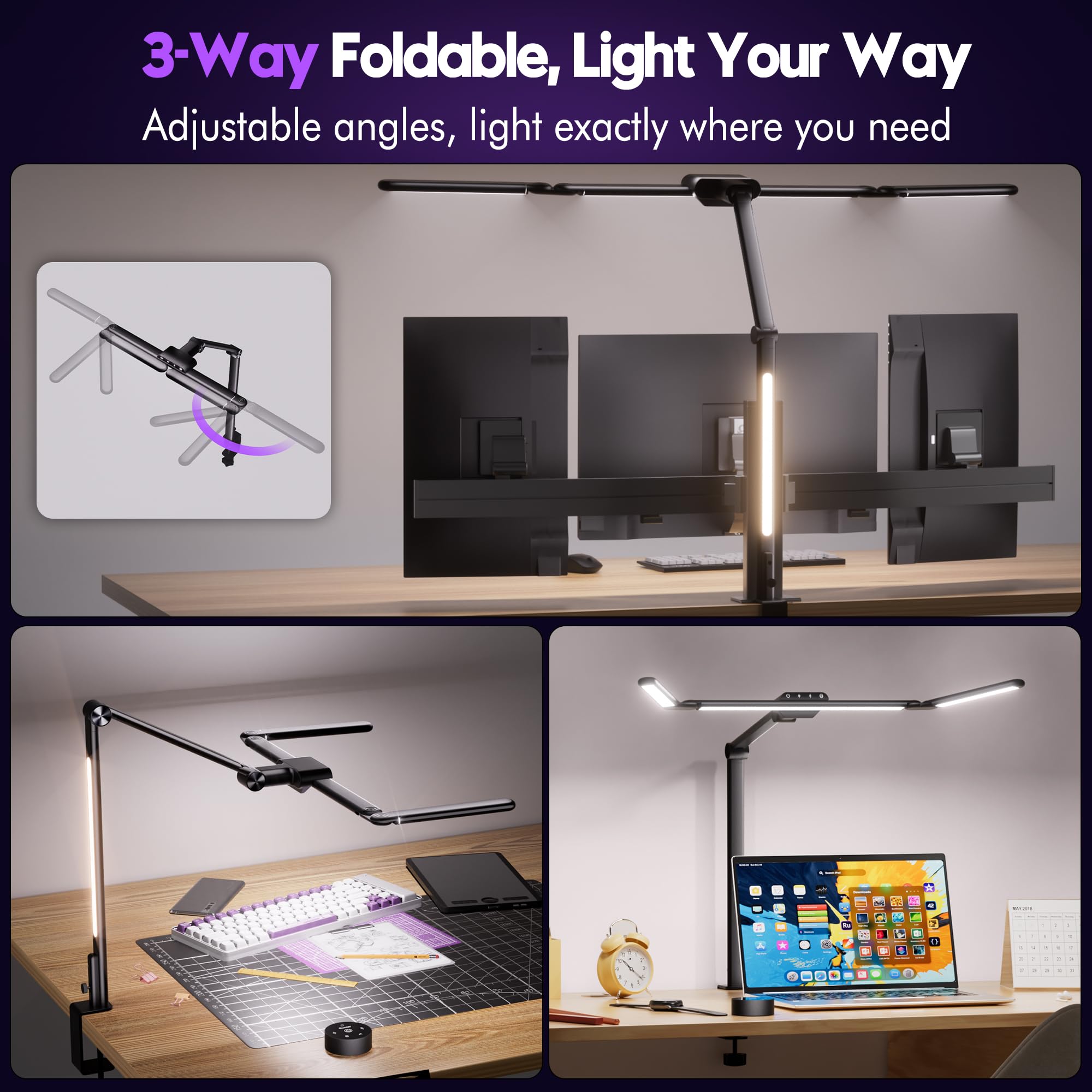 Quntis 82.5cm Lampada da Scrivania LED a Tripla Sorgente Luminosa con Retroilluminazione & Sensore Radar, 24W Lampada da Tavolo con Controllo a Sfioramento & Telecomando, Dimmerabile, Per Ufficio-Nero