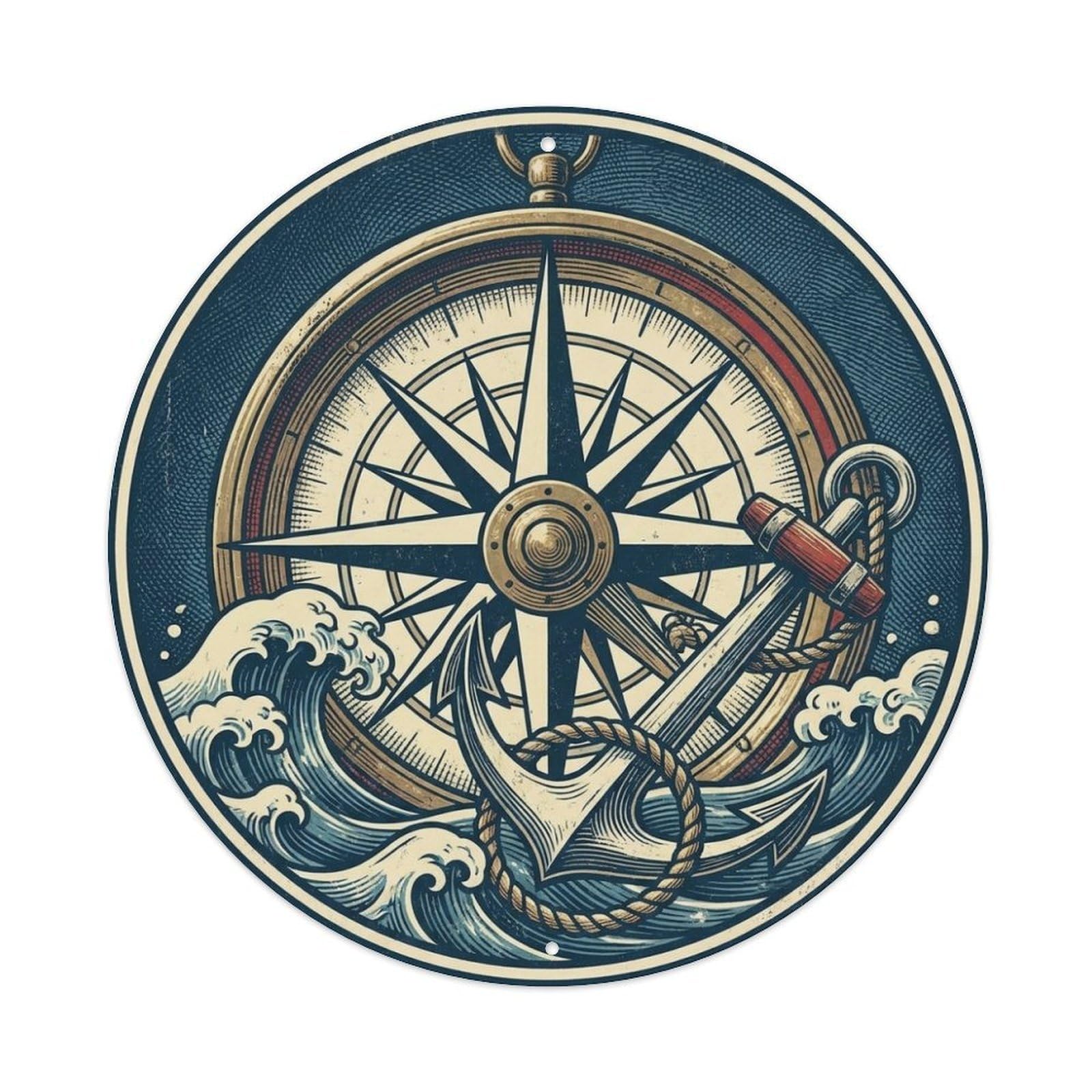 Compass Rose Anchor Waves Maritime Crest Metal Tin Sign