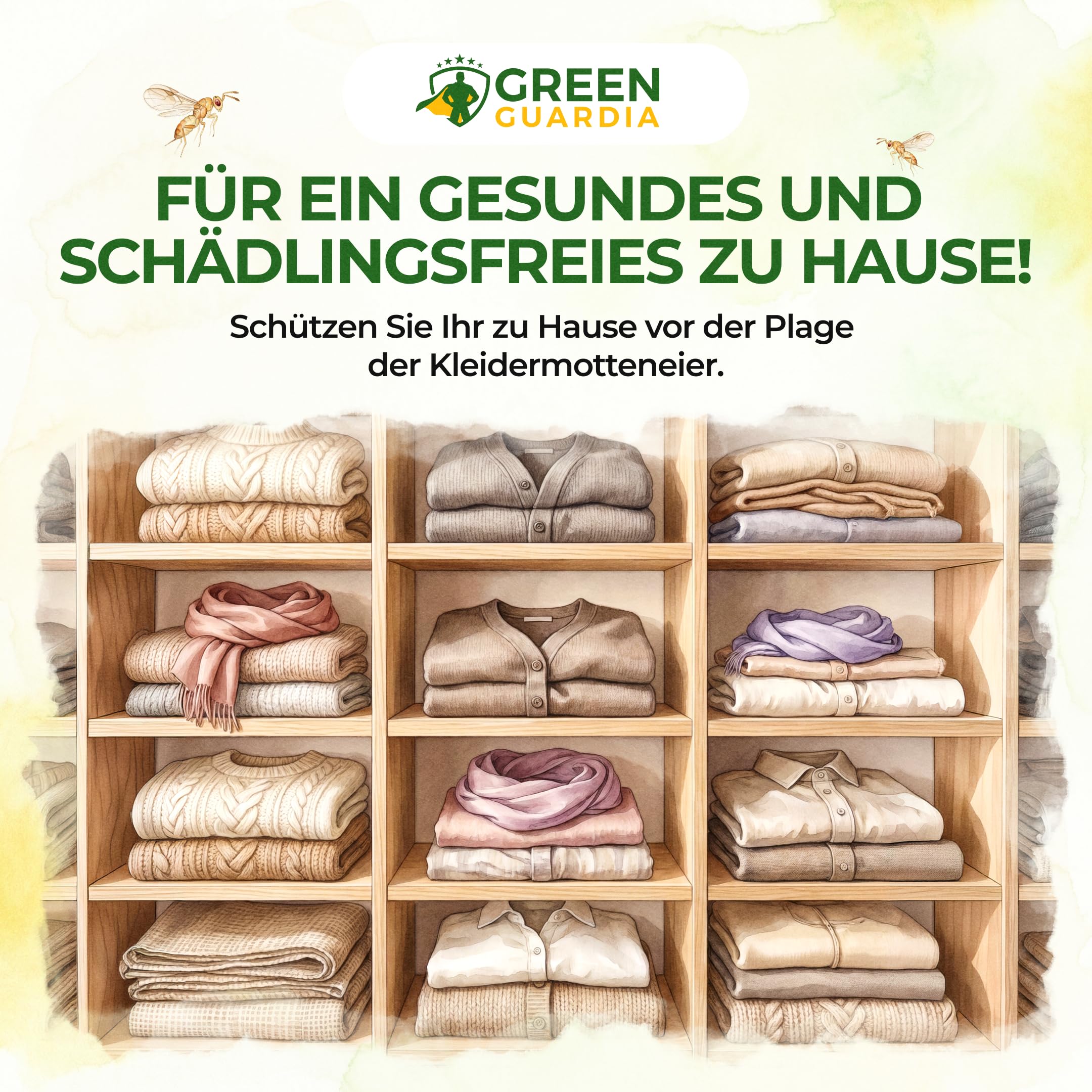GREEN GUARDIA Schlupfwespen gegen Kleidermotten - 9 Karten à 4 Lieferungen - Effektiv Motten bekämpfen/Bio- und Umweltfreundliche Alternative zu Mottenfalle, Mottenspray, Pheromfalle