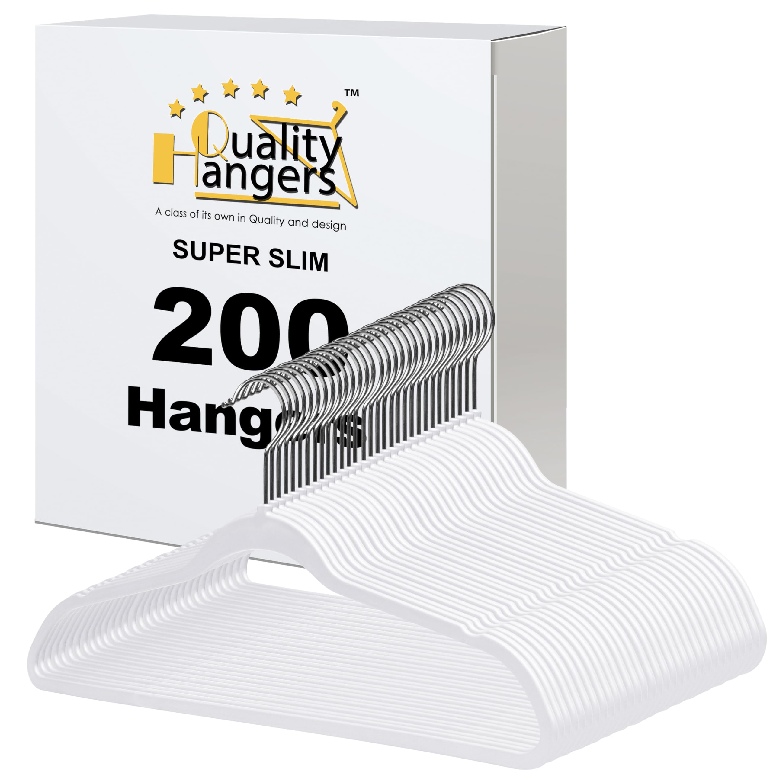 Quality Hangers 200 Pack Slim Plastic Hangers for Clothes - 16.5" Won't Crease Your Clothes, Heavy Duty Non-Velvet White Hangers, 360° Swivel Chrome Hook Dresses Coats Shirts