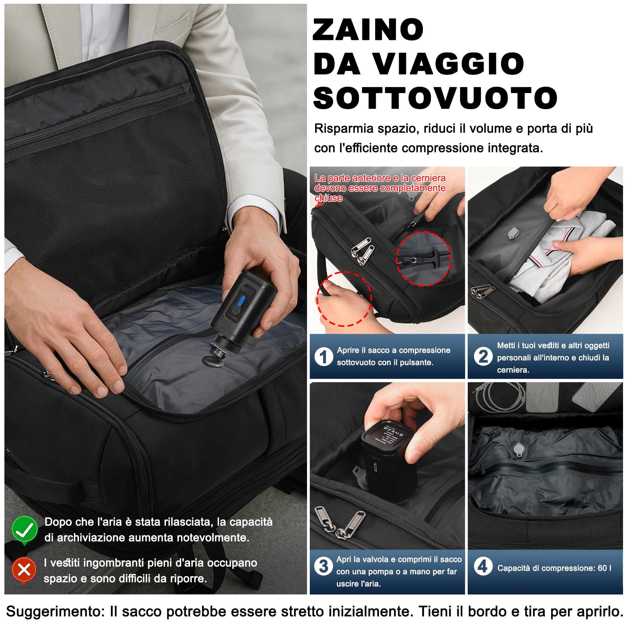 Zaino Sottovuoto Viaggio, Zaino da viaggio a mano per aereo, Zaino per laptop da 17 pollici, 60L Scalabile con Sistema di Compressione per Donne e Uomini